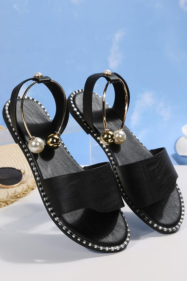 Women's Summer Flat Bottom Pearl Buckle Roman Sandals - Comfortable Casual Beach Walking Shoes for Vacation & Outdoor Activities
