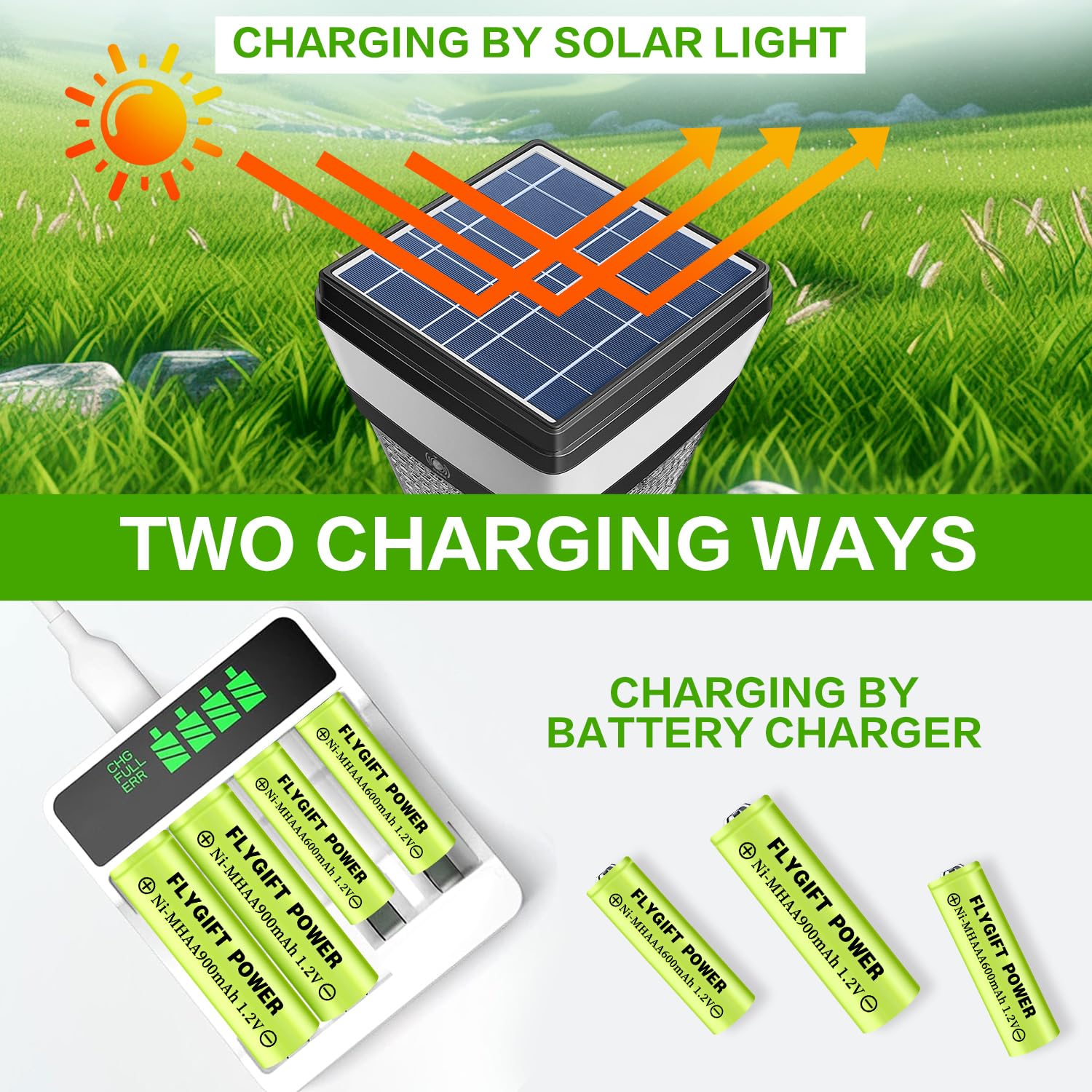 FlyGift AA Rechargeable Solar Batteries 900mAh 1.2V - Pre-Charged Double A Batteries for Solar Lights, Garden Lights, Pathway & Lawn Lamps (4-Pack) - Perfect for Outdoor Landscape Lighting & Backyard Decor