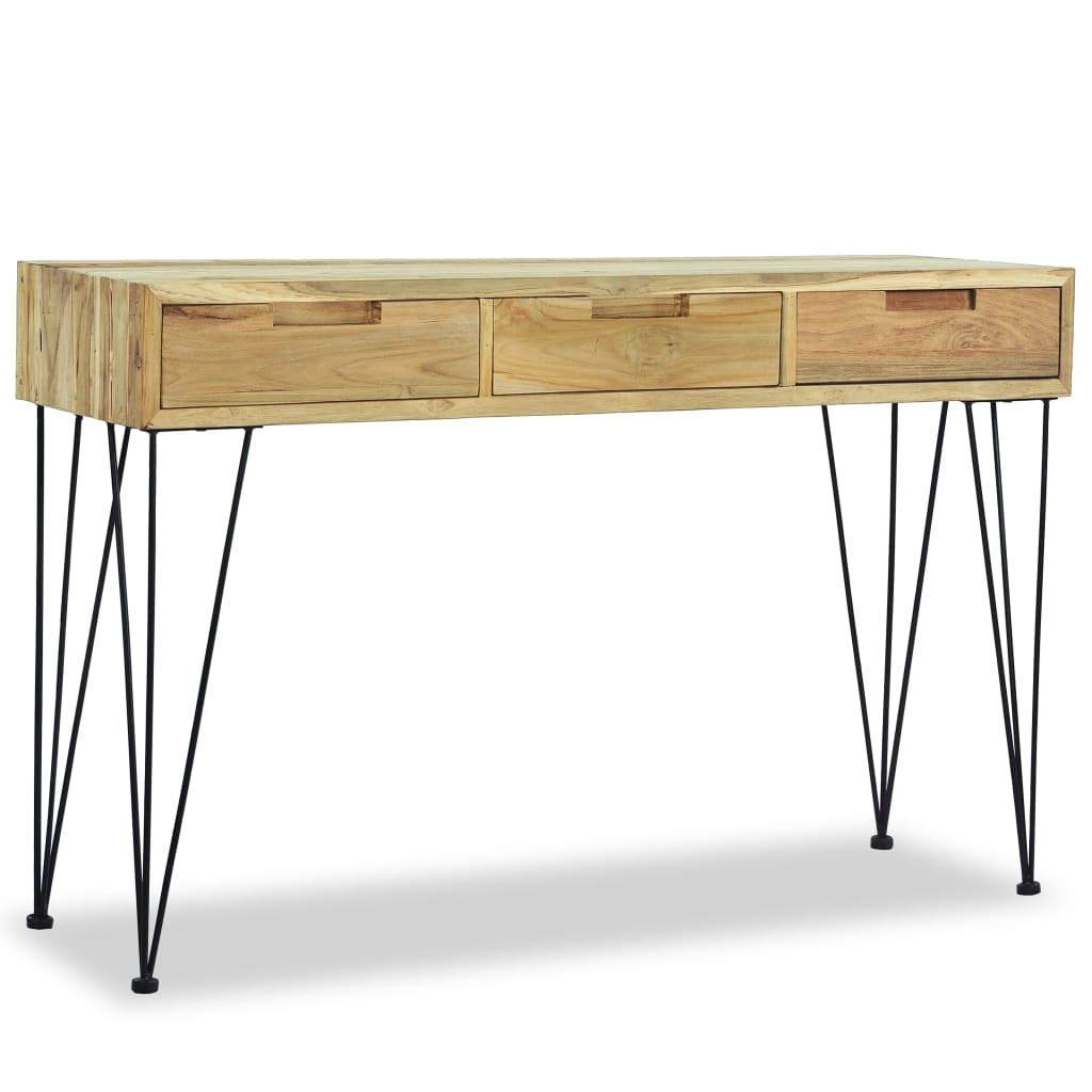 Rustic Industrial Console Table with 3 Drawers - Solid Teak Wood Sofa Table with Iron Legs, 47.2