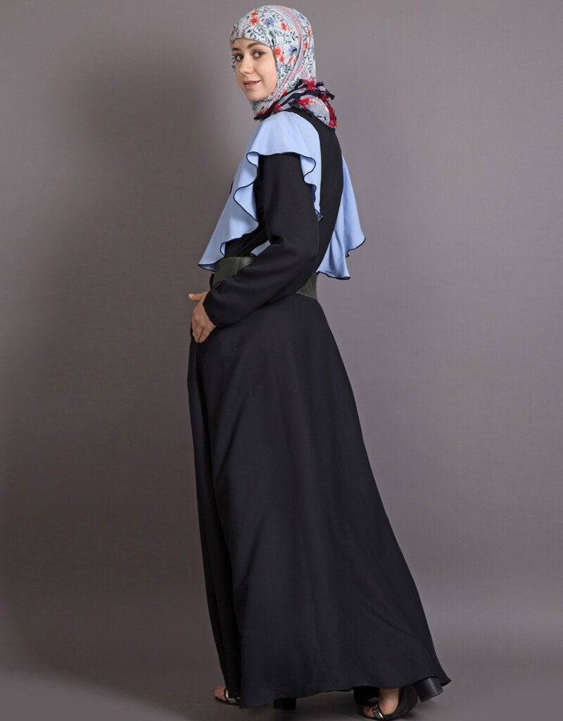 Stylish Arabic Frill Abaya for Women - Casual Daily Wear Sky Blue & Black - Perfect for College, Work, and Special Occasions