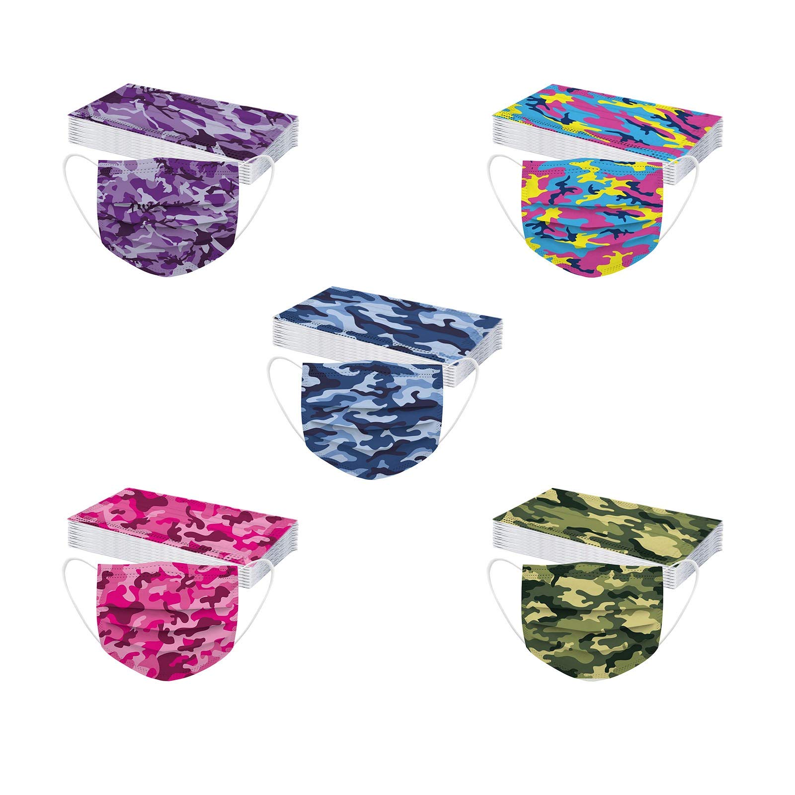 50-Pack Kids Disposable Face Masks with Nose Wire - Camouflage Print Adjustable Ear Loops, 3-Ply Breathable for School, Travel & Daily Protection (Boys & Girls)