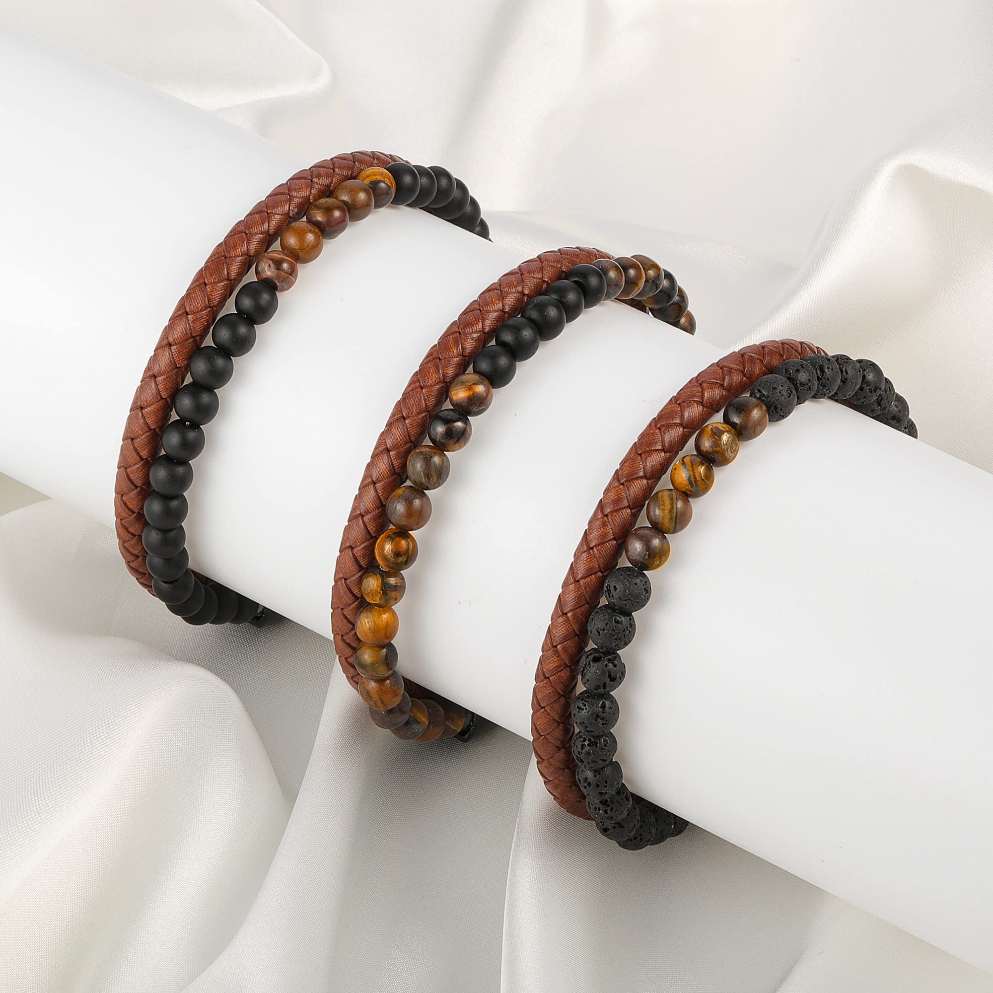 Men's Tiger Eye Beaded Bracelet with Brown Leather - Matte Agate Beads for Stylish Wrist Accessories | Perfect Birthday, Christmas Gift for Him | Office Wear, Casual Outfits & Special Occasions