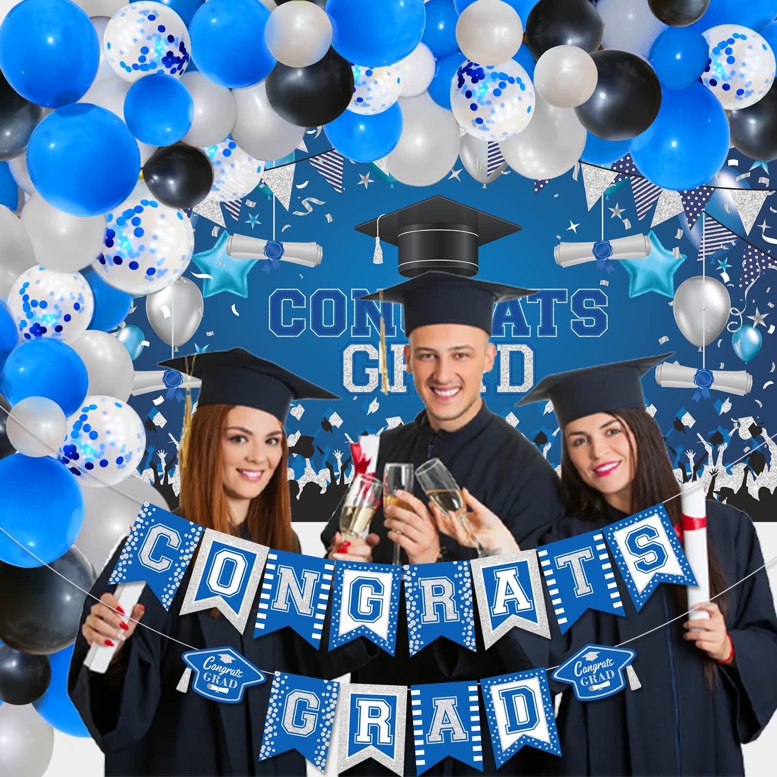 164Pcs Blue and White Graduation Party Decorations Set - Class of 2024 Backdrop, Plates, Napkins & Tablecloths | Perfect for Graduation Ceremonies, Parties & Photo Booths