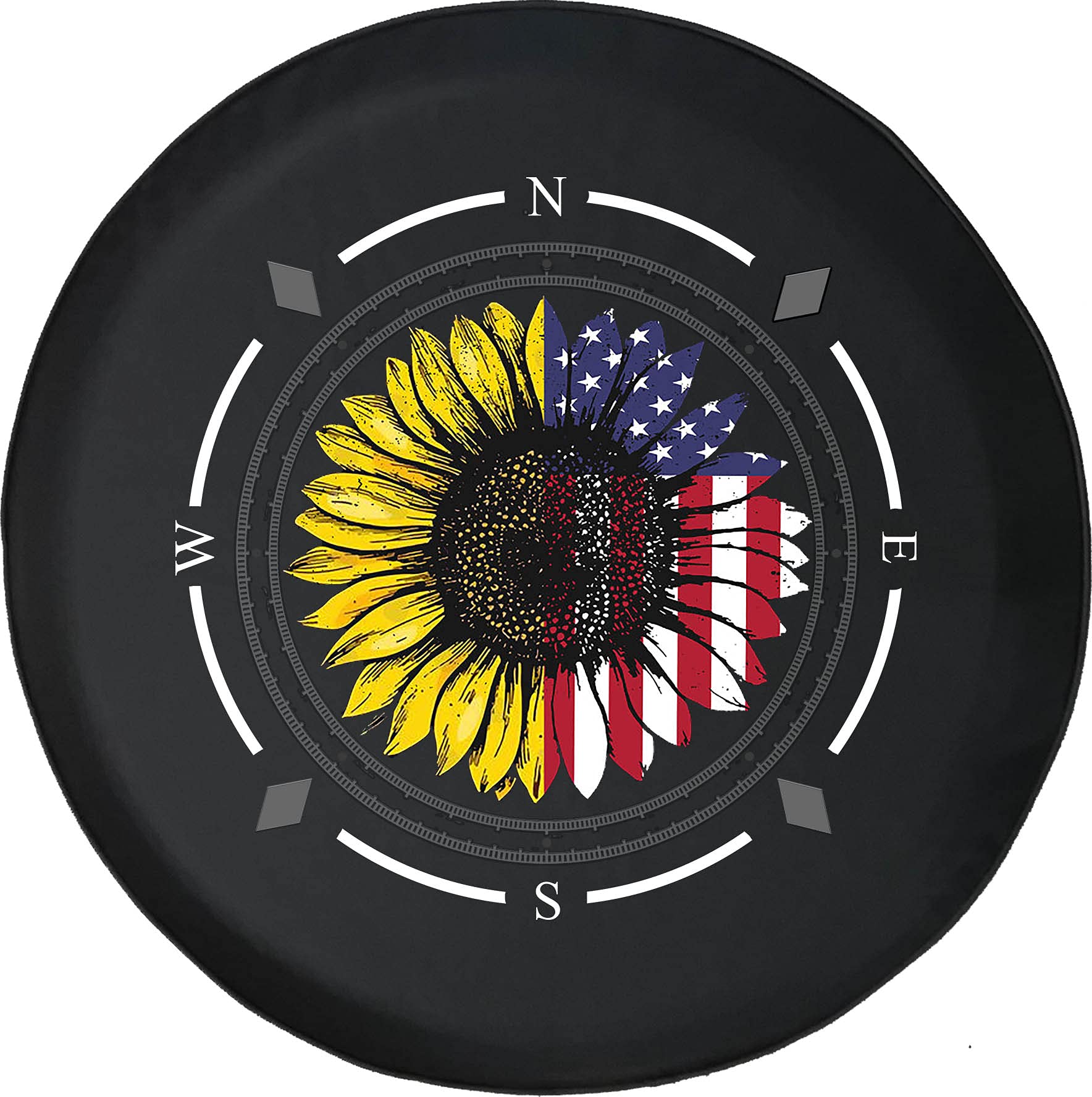 American Flag Sunflower Spare Tire Cover with Compass Design - Universal Fit for SUV, Trailer, RV & Most Vehicles | Durable Wheel Protector for Off-Road Adventures & Road Trips