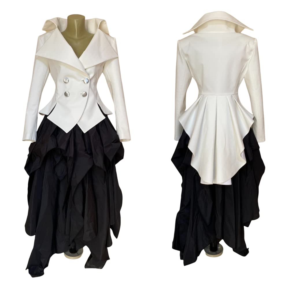 Elegant Women's White Tailcoat & Black Tuxedo Jacket - Formal Steampunk Burlesque Coat with High-Low Flared Design (Size XL) for Evening Gala, Cosplay & Vintage Fashion Events