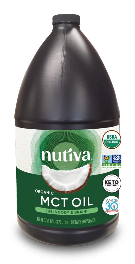 Nutiva Organic MCT Oil - 1 Gallon, Unflavored, Non-GMO, Keto & Paleo Friendly - Made from 100% Organic Coconuts - 14g C8 & C10 per Serving - Perfect for Coffee, Smoothies, Salad Dressings & Ketogenic Diet Support