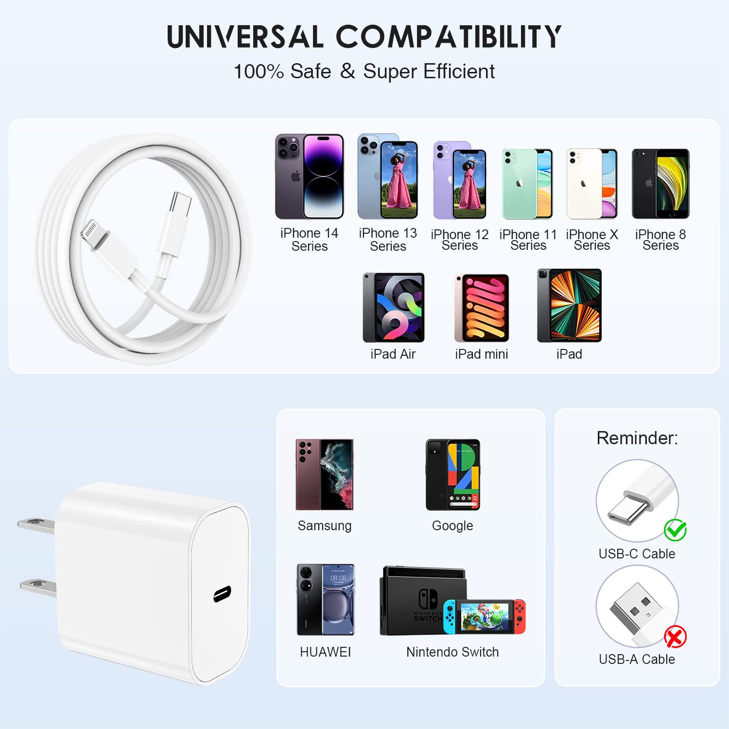 10ft Fast Charging iPhone Charger - 20W USB C Wall Charger with Type C to Lightning Cable for iPhone 14/13/12/11/Pro Max/Plus & iPad - 3 Pack - Perfect for Home, Office and Travel Charging
