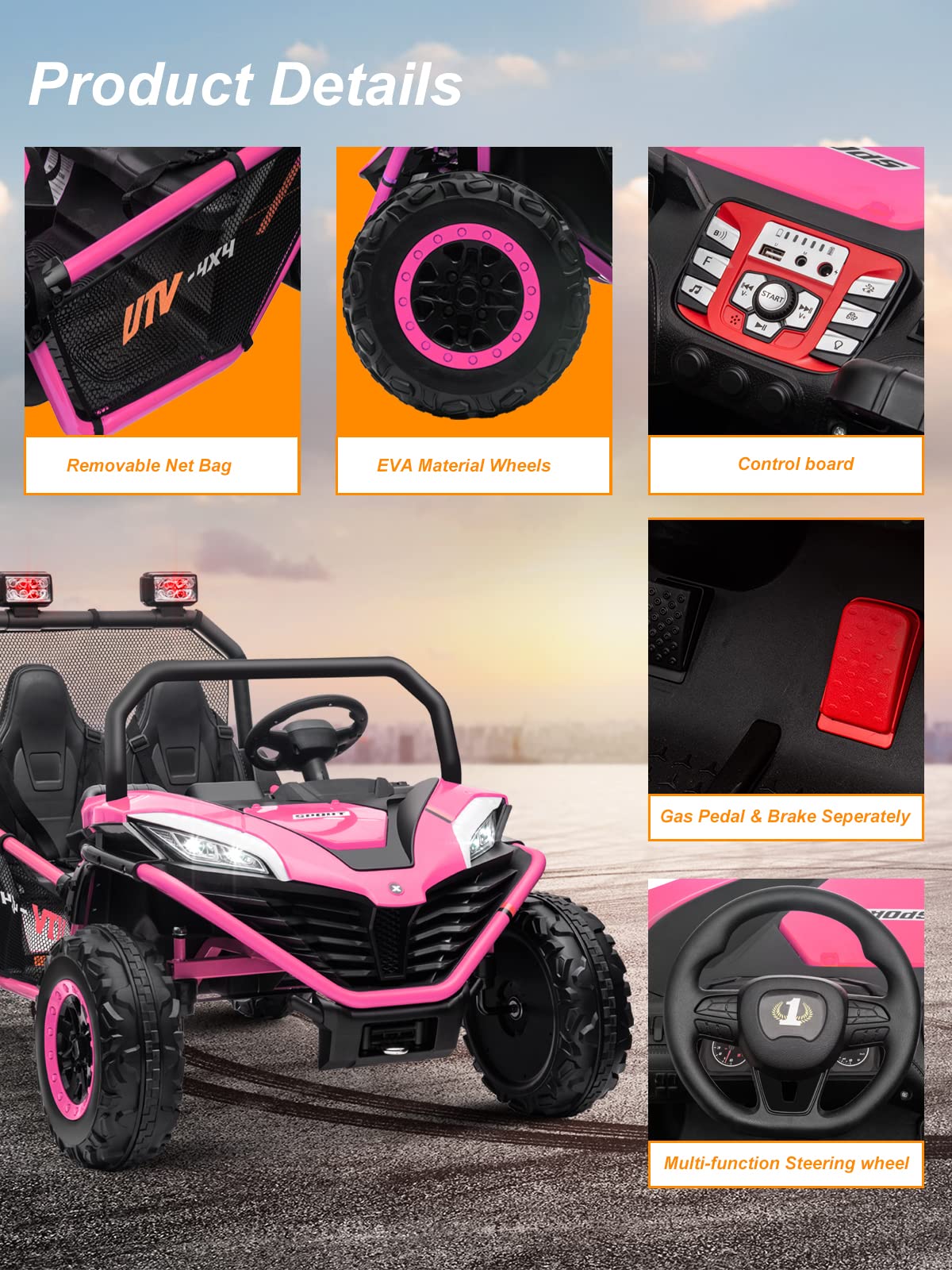 **OTTARO 24V 10AH Kids Electric UTV Car - 2 Seater Ride-On Vehicle with Metal Frame, EVA Wheels, 2x200W Motors, Bluetooth & Remote Control - Max Speed 4.7MPH (Pink) - Perfect for Outdoor Play, Backyard Adventures & Family Fun**