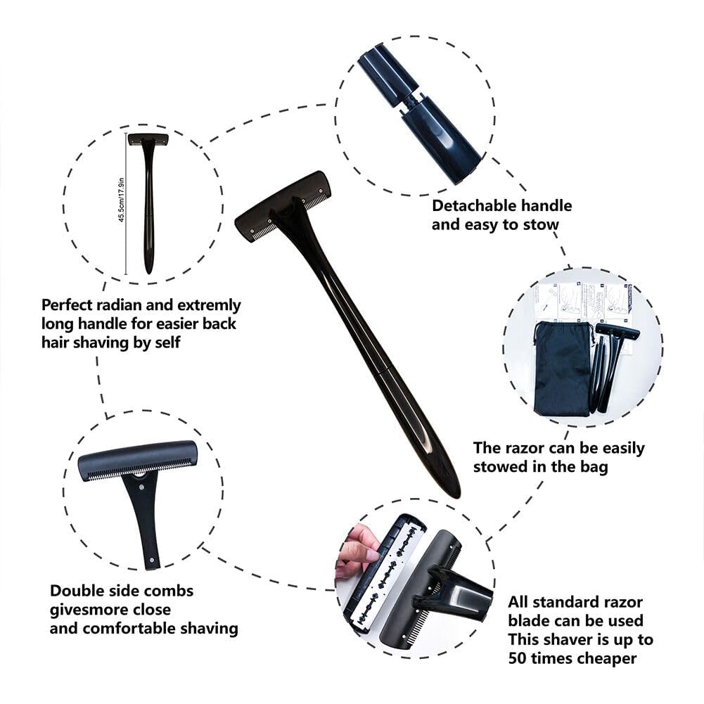Men's Body Back Shaver with Long Handle - Dark Black Back Hair Removal & Body Groomer - Perfect for At-Home Grooming, Travel & Hard-to-Reach Areas