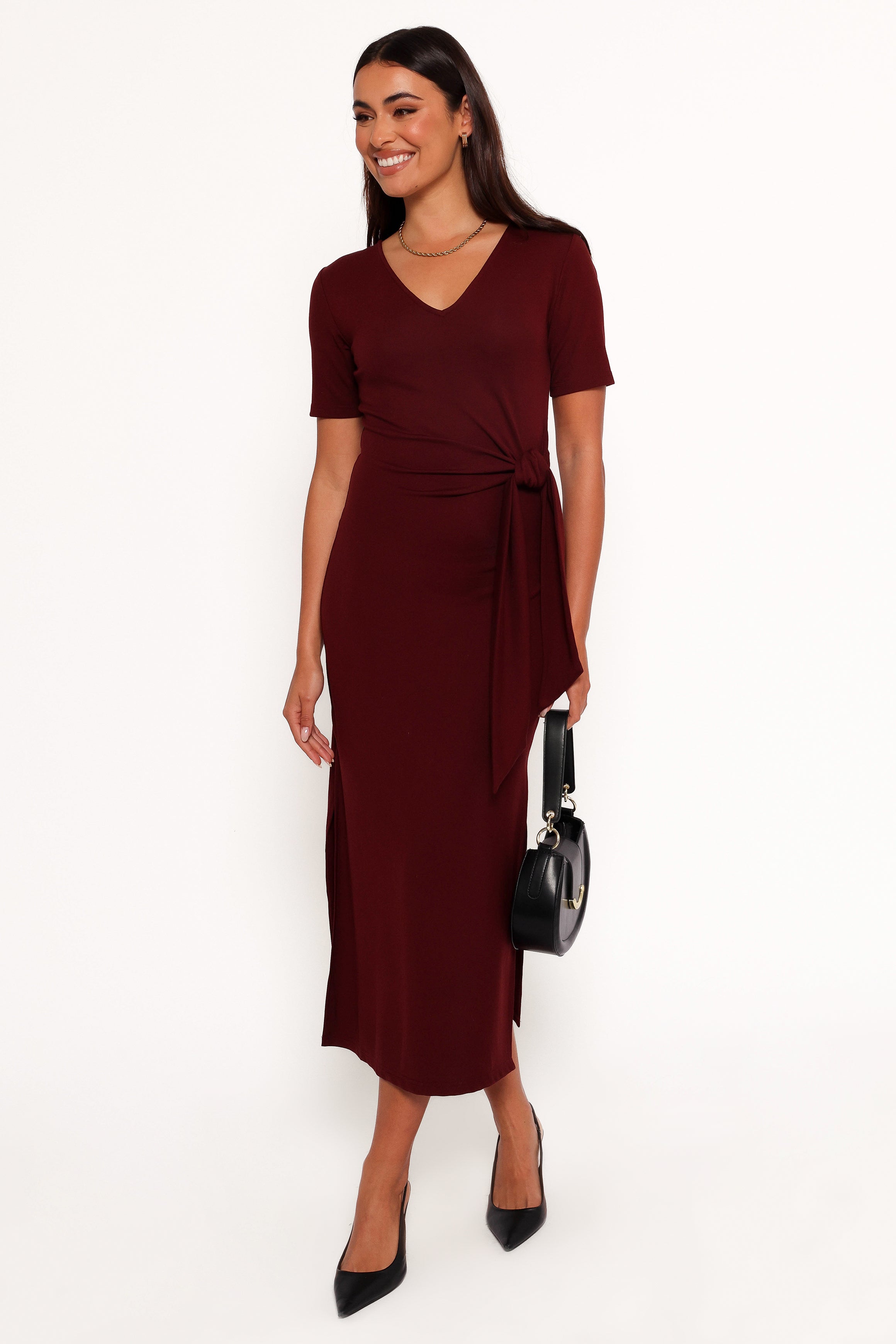Asha Midi Dress for Women - Elegant Wine Red Flowy Summer Dress with V-Neck & Short Sleeves | Perfect for Casual Outings, Date Nights & Beach Vacations