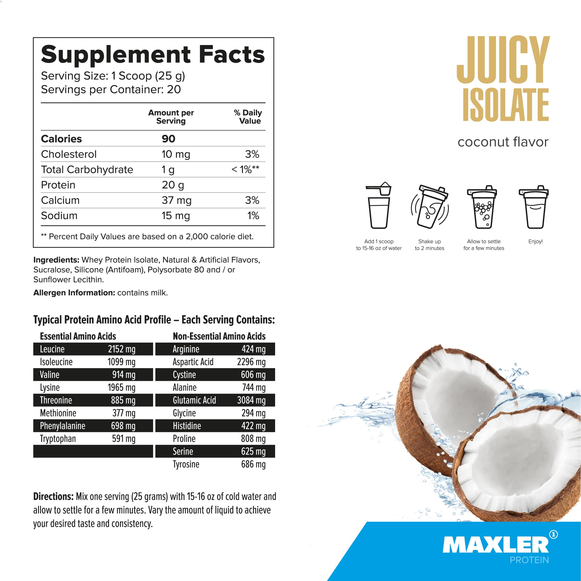 Maxler Juicy Isolate Whey Protein Powder - Low Lactose, Fat Free, Sugar Free Muscle Recovery Drink for Pre & Post Workout - 90% Protein per Serving - Coconut Flavor 1.1 lb (20 Servings) - Perfect for Gym, Fitness & Bodybuilding Recovery