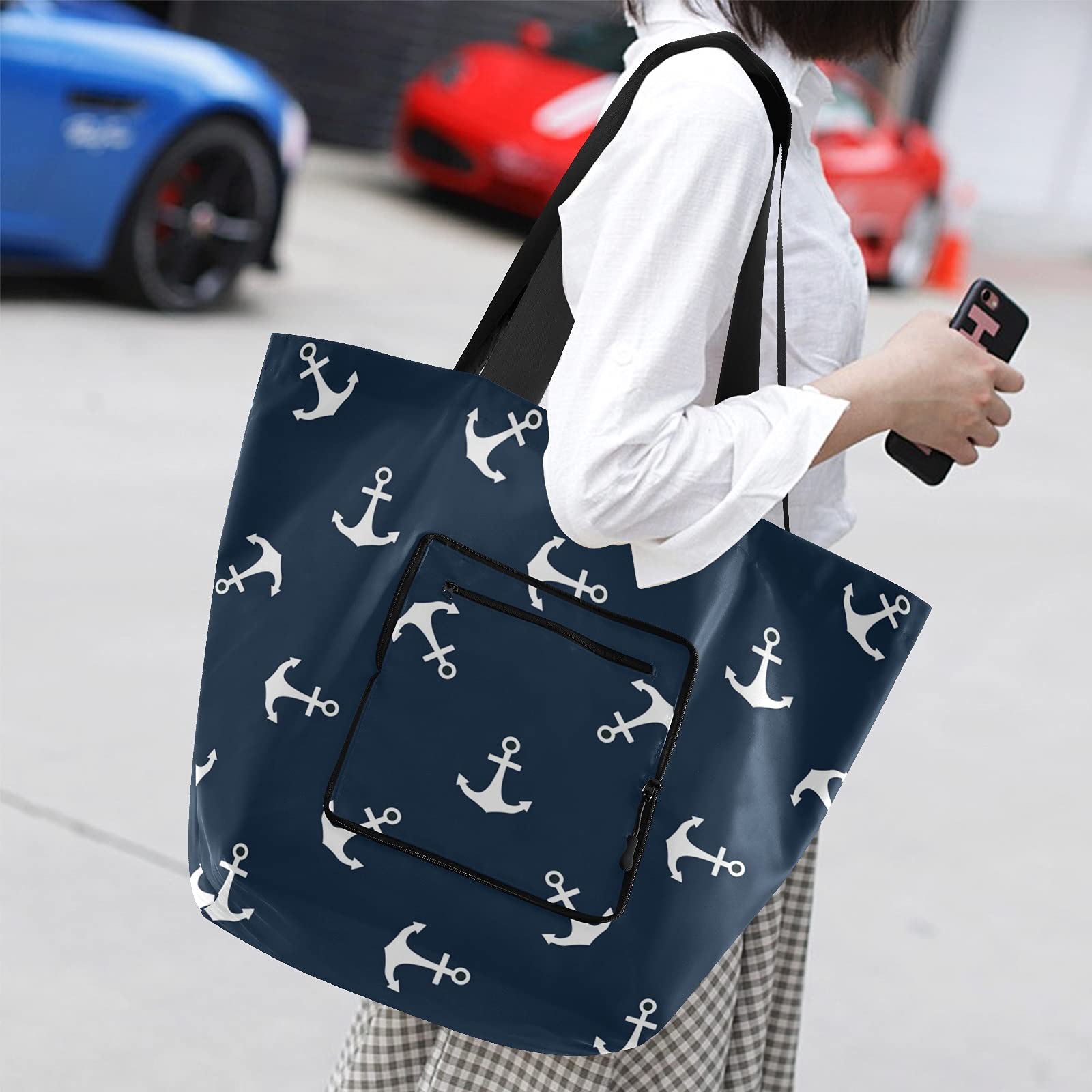 ALAZA Ocean Anchor Nautical Blue Large Reusable Tote Bag - Foldable Lightweight Grocery Shopping Bag with Handles for Women, Beach, Picnic, Travel & Outdoor Activities