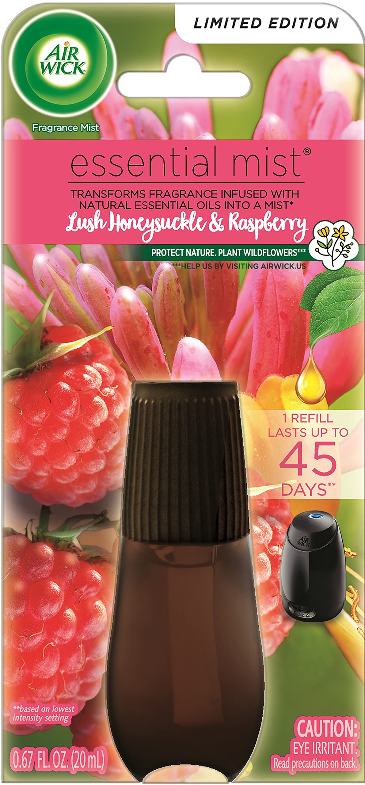 Air Wick Essential Mist Refill - Lush Honeysuckle & Raspberry Scent (1 Count) | Essential Oil Diffuser Refill for Home, Office & Car | Long-Lasting Air Freshener for Relaxation & Aromatherapy