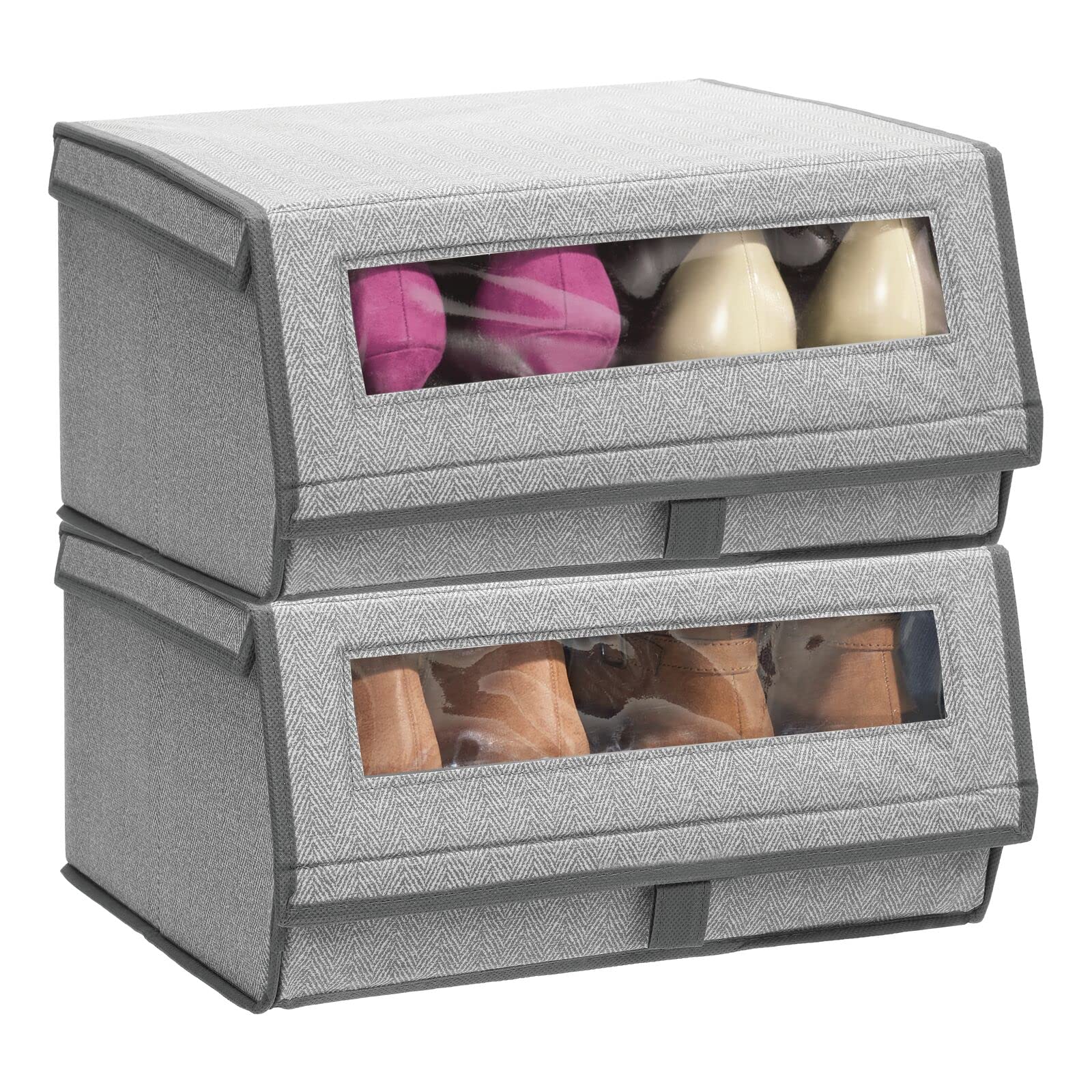 mDesign Fabric Large Storage Box Bin with Clear Window & Hinged Lid - Organizer for Men's/Women's Shoes, Boots, Pumps, Sandals - Closet Storage Solution - 2 Pack Gray - Perfect for Bedroom, Closet & Entryway Organization