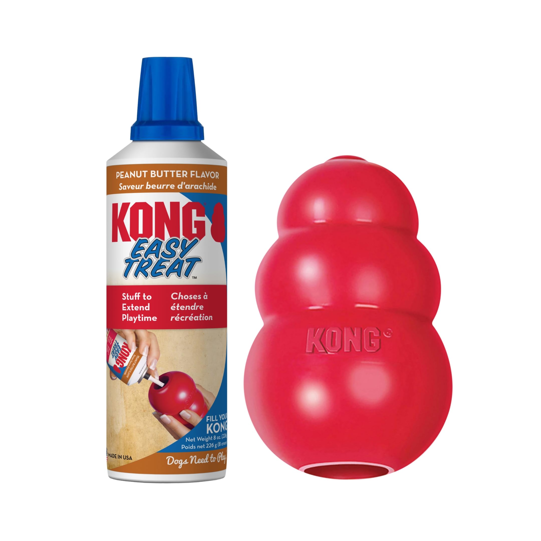 KONG Classic Stuffable Dog Toy & Peanut Butter Treat Spray - Durable Chew & Fetch Toy for Small Dogs - Interactive Enrichment for Hours of Fun - Perfect for Indoor Play, Training Rewards & Anxiety Relief