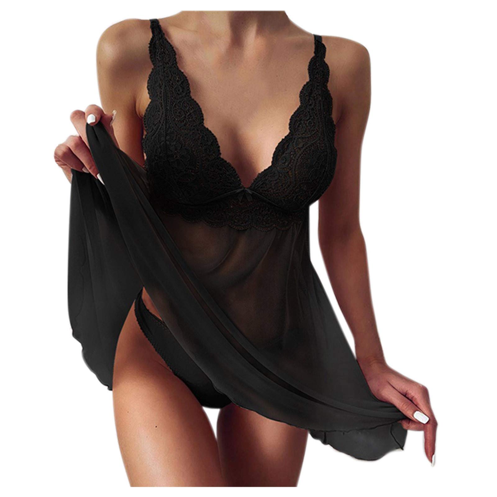 Sexy Lingerie for Women - Lace Suspender Transparent Nightgown & Halter Pajama Set with Sheer Straps - Perfect for Valentine's Day, Bridal Shower, or Romantic Nights (Cotton Blend)