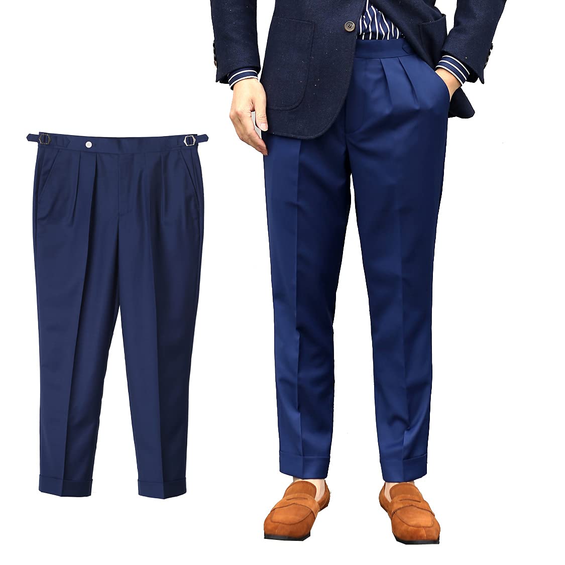 Vintage Men's Wool Pants - Classic Loose Straight Fit with Cuffed Hem & Pleated Design | Parisian Style Buckle Detail | Perfect for Business Casual, Office Wear & Smart Evening Outfits