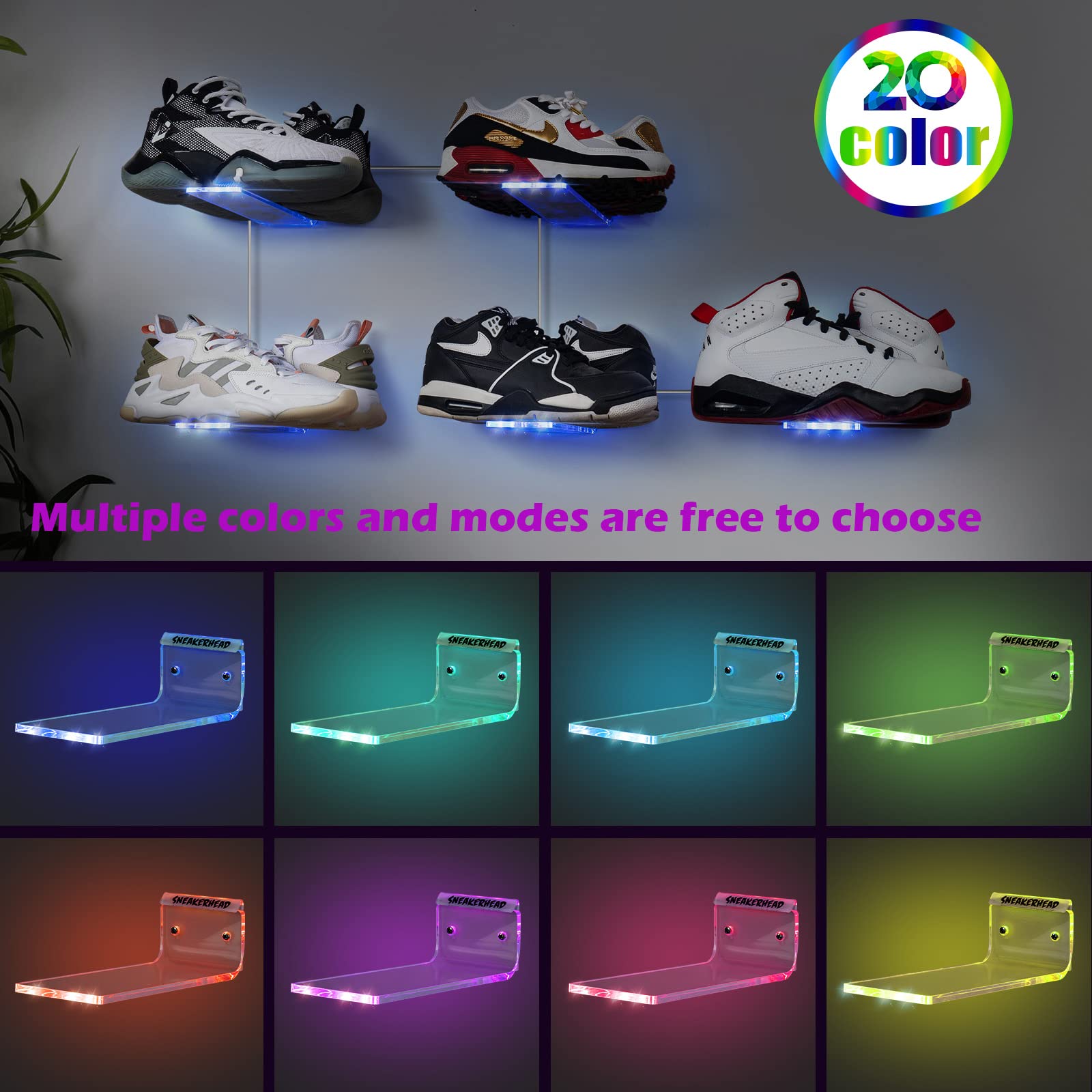 Glow Floating Shoe Shelf - Set of 5 LED Sneaker Displays for Bedroom & Playroom