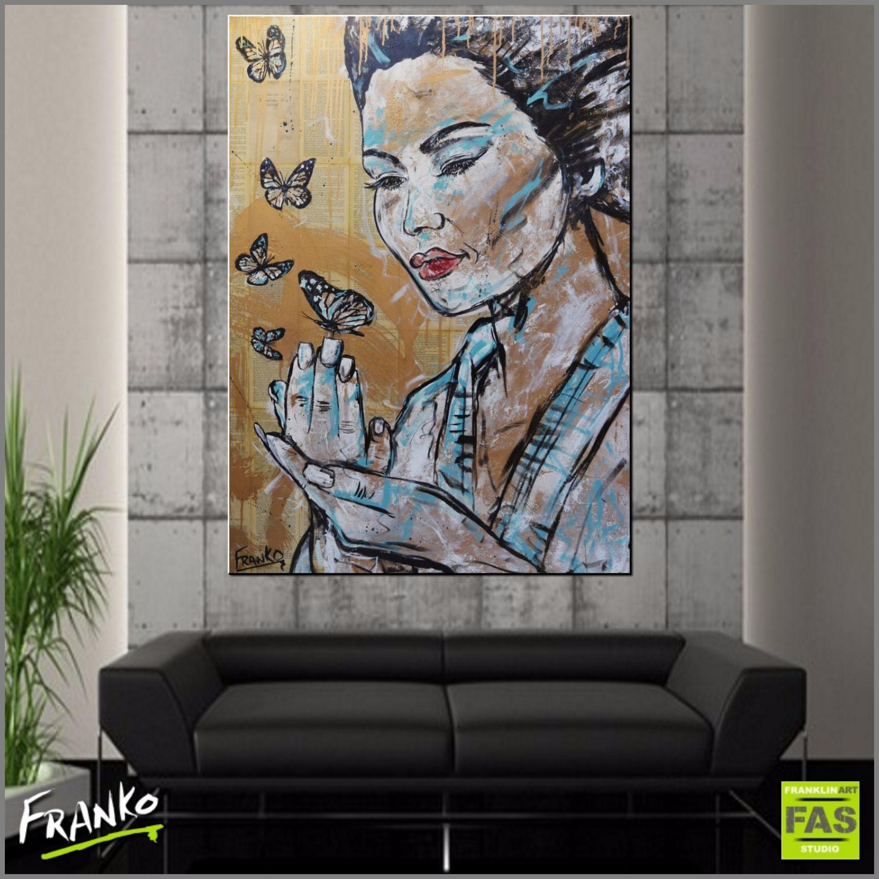 Blue Butterflies Geisha Vintage Pop Art Painting - 140cm x 100cm Large Wall Decor for Living Room, Bedroom & Office | Unique Book-Inspired Canvas Artwork