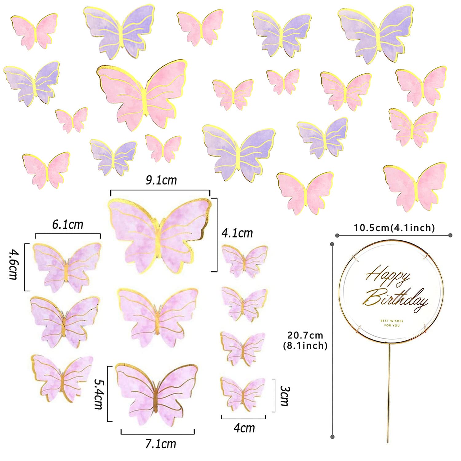 40 Pcs Butterfly Cupcake Toppers with Happy Birthday Topper - Edible Cake Decorations for Birthday, Wedding, Party - Perfect for Dessert Table, Wall Decor & DIY Baking Projects