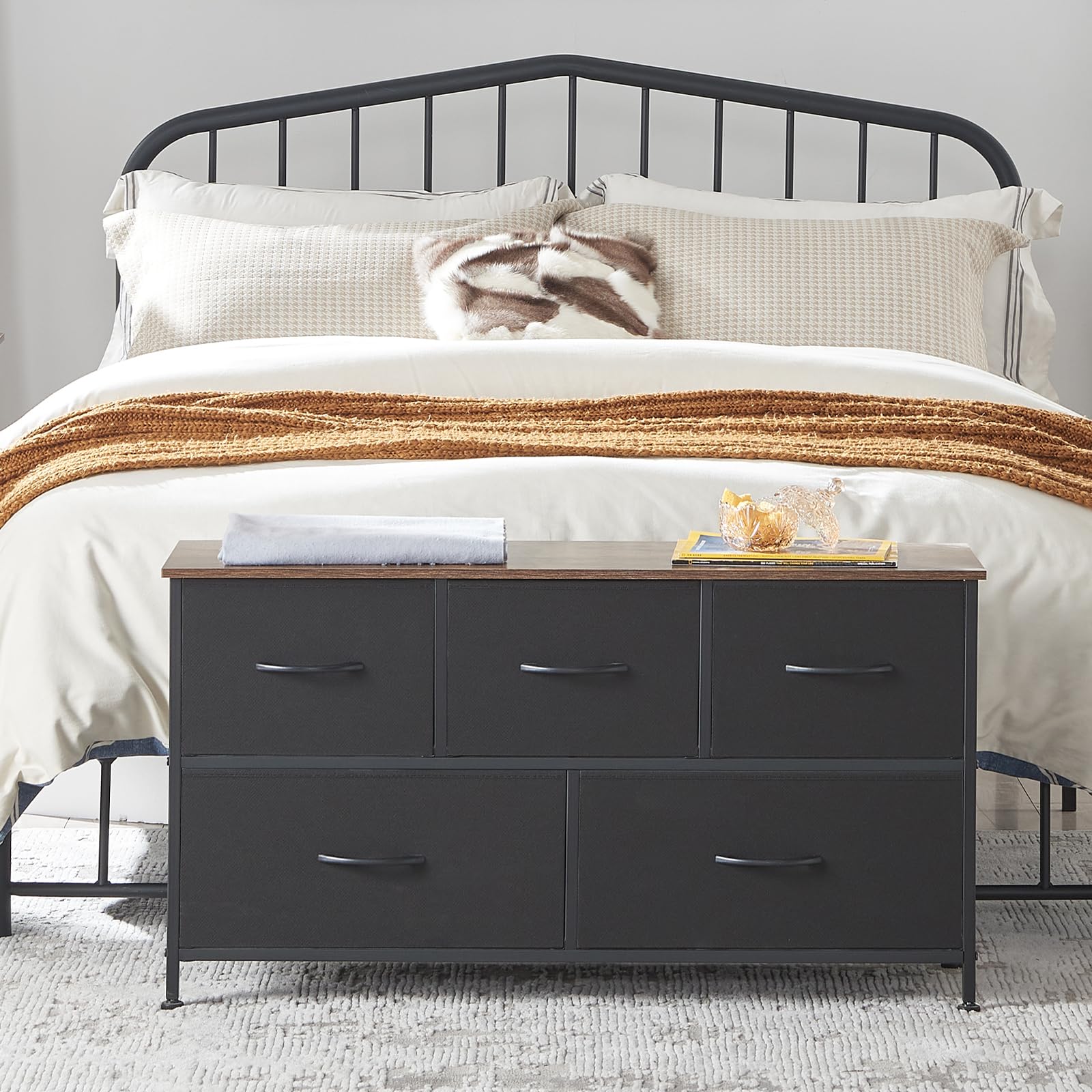 5-Drawer Dresser for Bedroom - Wide Storage Chest with Removable Fabric Bins - Black Dresser Organizer for Closet, Nursery, Living Room, Laundry & Entryway - Perfect for Small Space Organization & Home Decor