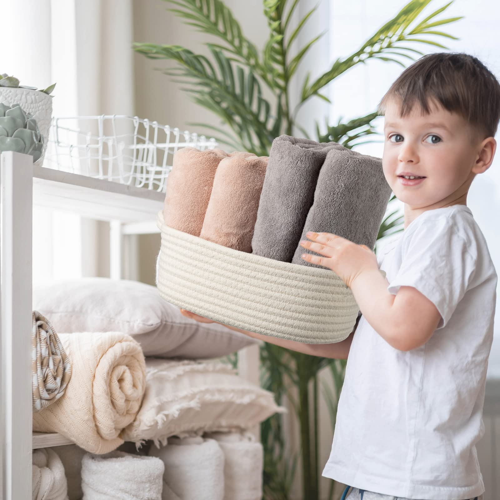 6 Sizes Woven Storage Basket with Gift Bags & Gold Bows - Soft Cotton Rope Handled Basket for Baby Toys, Home Organization - Perfect for Easter, Birthday, Christmas Gifts & Nursery Decor