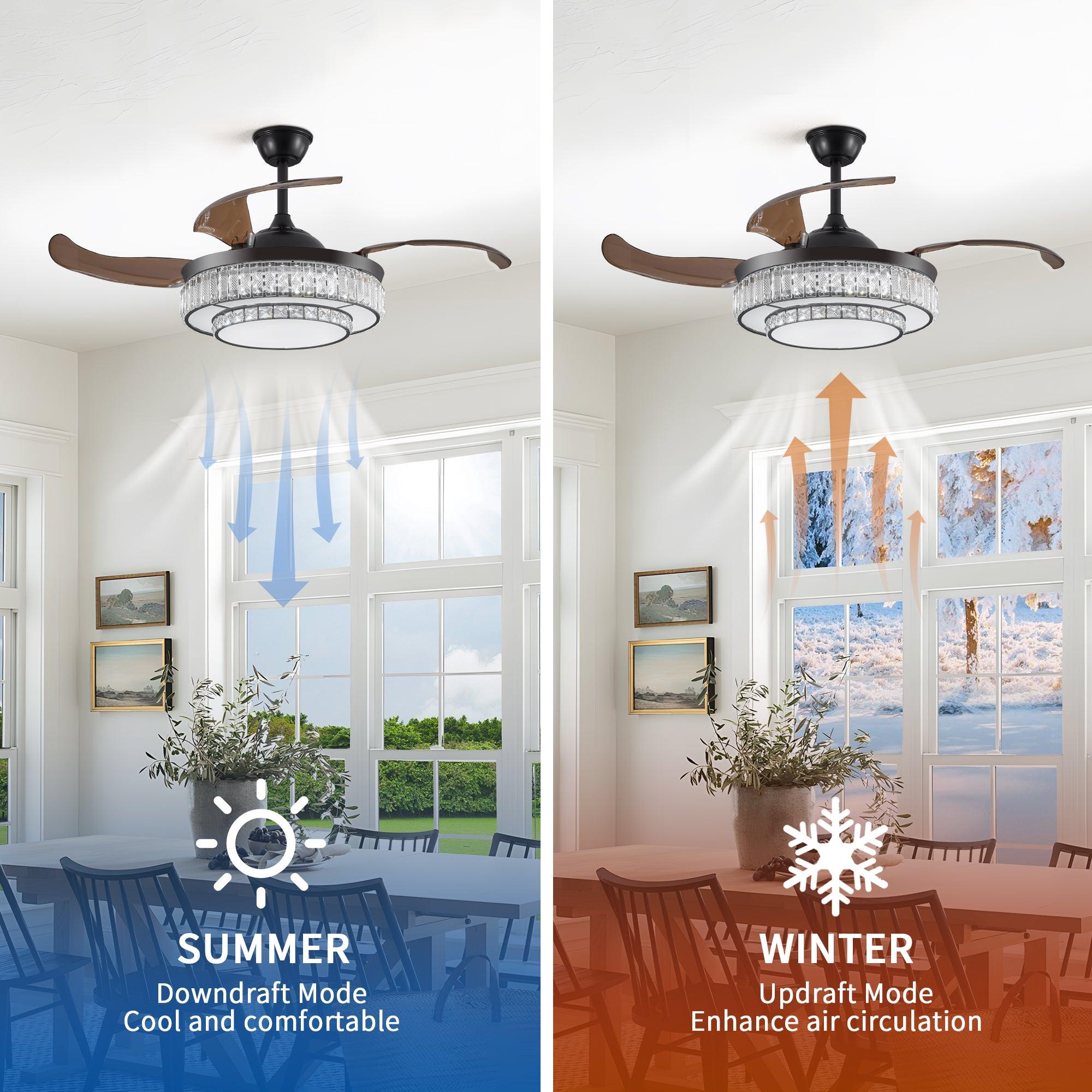 Modern LED Retractable Ceiling Fan with Light & Remote Control - Ultra Quiet Reversible 4-Blade Design for Kitchen, Bedroom, Dining Room & Patio | Energy Efficient Cooling & Stylish Home Decor