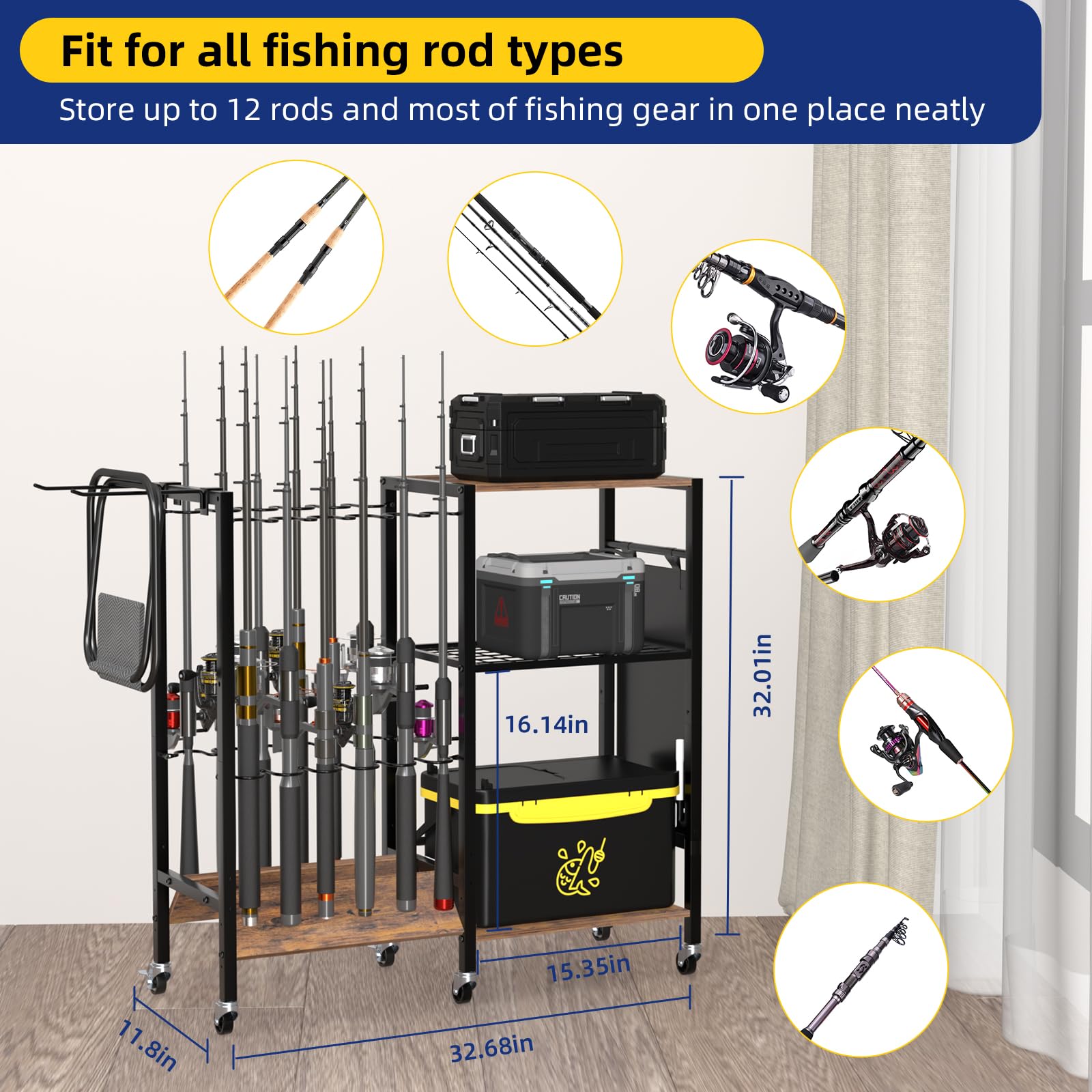 Premium Fishing Rod Holders & Tackle Cart - Heavy Duty Fishing Gear Organizer for Garage, Boat & Kayak - Fits 1.57