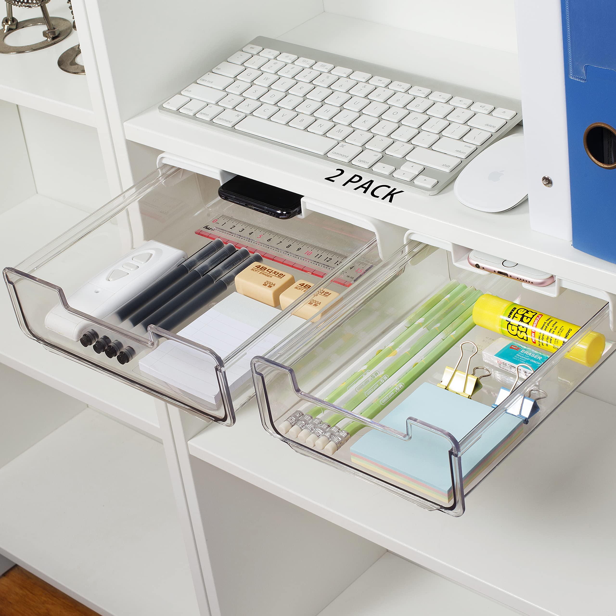 Tapsawp 2 Pack Under Desk Drawer Slide Out Organizer with Phone Stand - Clear Plastic Pencil Storage Tray for Office Desk, Hidden Drawer Attachment (Large & Standard Size) - Perfect for Home Office, Study & Workspace Organization