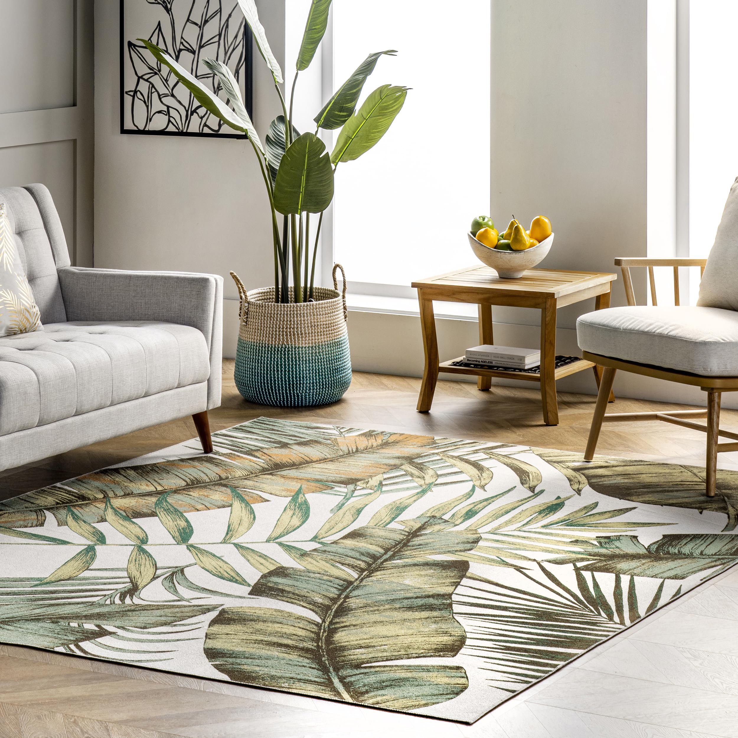 nuLOOM Elen Machine Washable Ultra Thin Area Rug with Natural Leaves Design, 8x10 Feet, Olive Green - Perfect for Living Room, Bedroom, and Dorm Decor