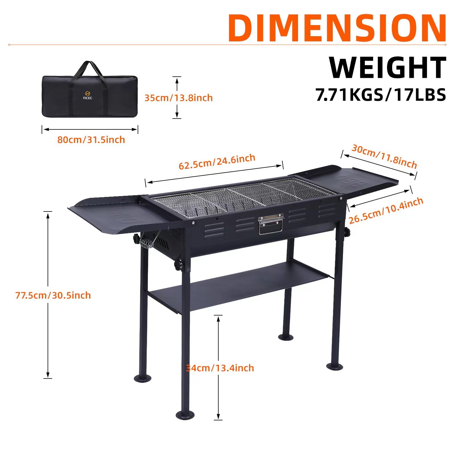 Portable Charcoal Grill for Camping - Folding BBQ Grill with Side Table, Storage Shelf & Carry Bag - Stainless Steel Hibachi Skewer Grill for Outdoor Cooking, Picnics, Backyard & Tailgating (Black)