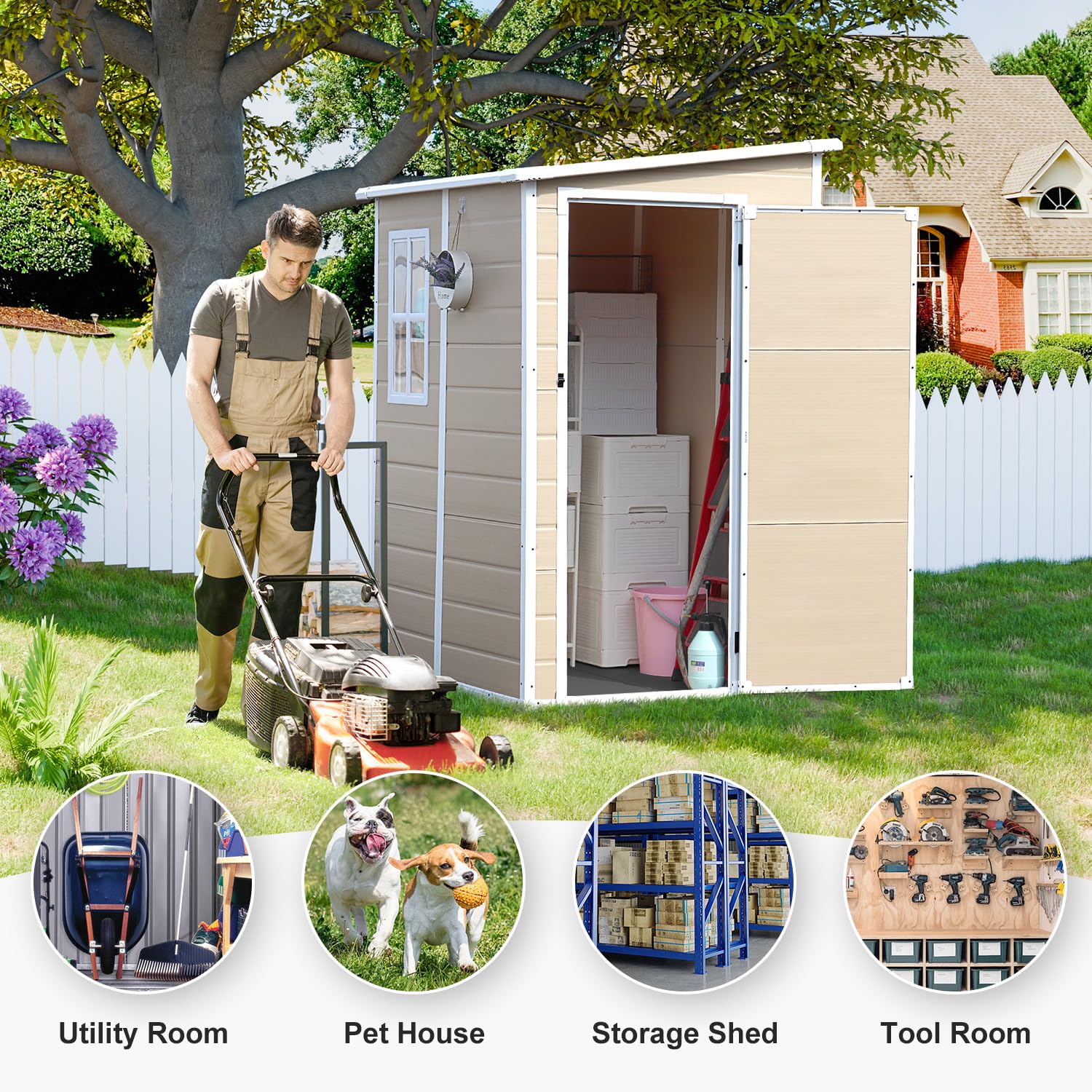 5x4 FT Outdoor Storage Shed - Durable Resin Garden Shed with Floor, Window & Lockable Door - Wood-Like Plastic Tool House for Backyard, Patio, Lawn & Garage - Perfect for Storing Bikes, Lawn Equipment & Seasonal Items
