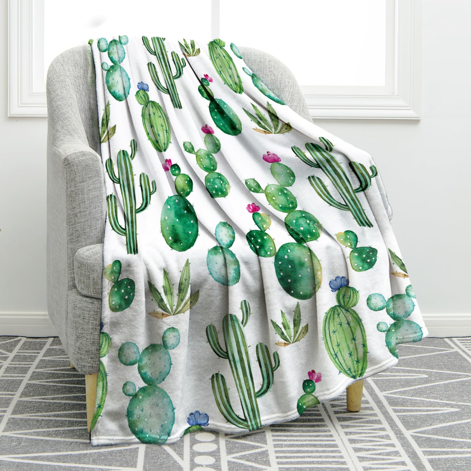 Jekeno Cactus Throw Blanket - Soft Floral Cactus Design Cozy Blanket for Women & Kids, Perfect Gift for Christmas, Birthday, Valentine's Day - Great for Home Decor, Living Room, Bed, Couch, Travel & Camping