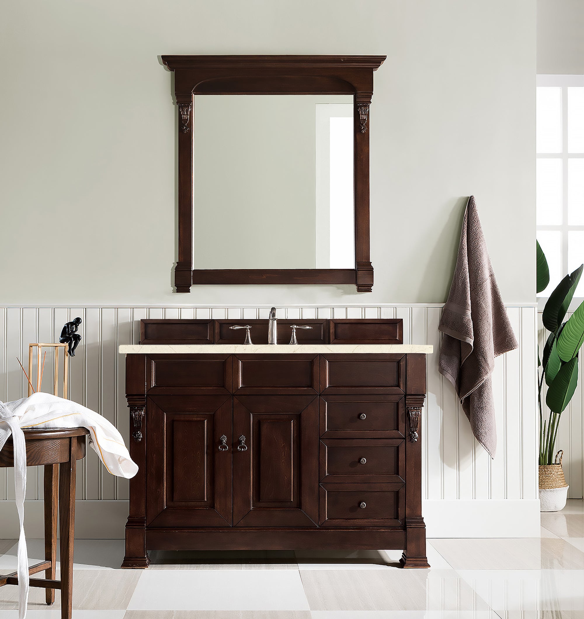 Brookfield 48 Inch Single Bathroom Vanity with Burnished Mahogany Base & 3CM Eternal Marfil Quartz Countertop - Modern Bathroom Storage Solution for Small Spaces