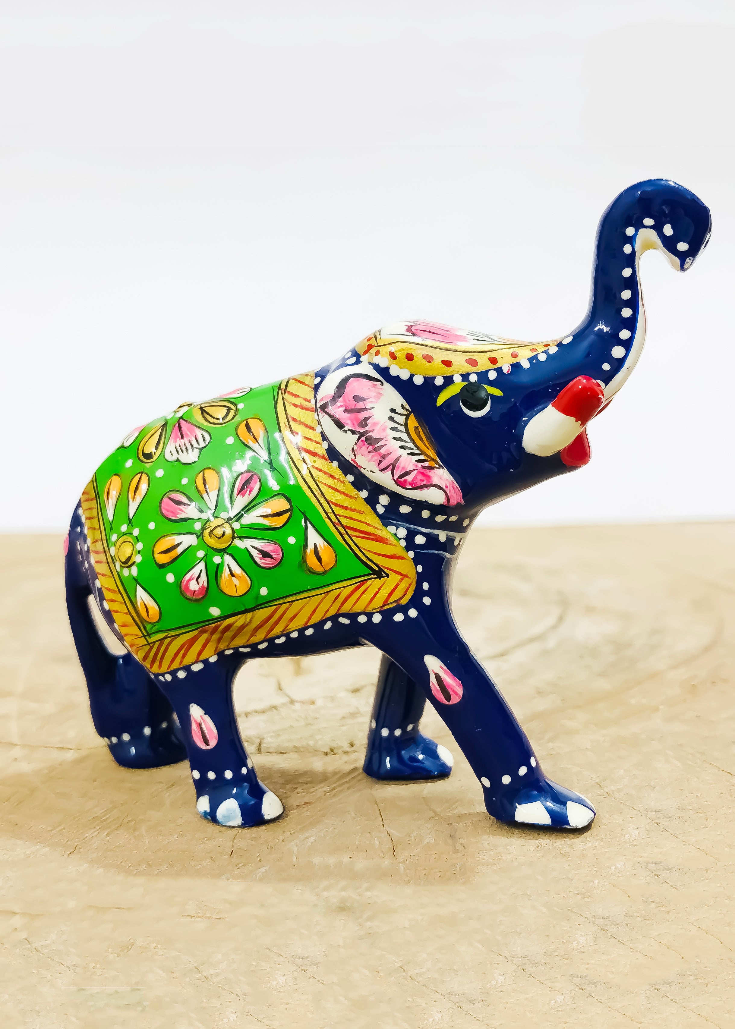 Blue & Green Metal Elephant Decorative Statue - Hand-Painted Trunk Up Lucky Charm for Home & Office Decor (D117) | Perfect for Living Room, Bedroom, or Gift Giving