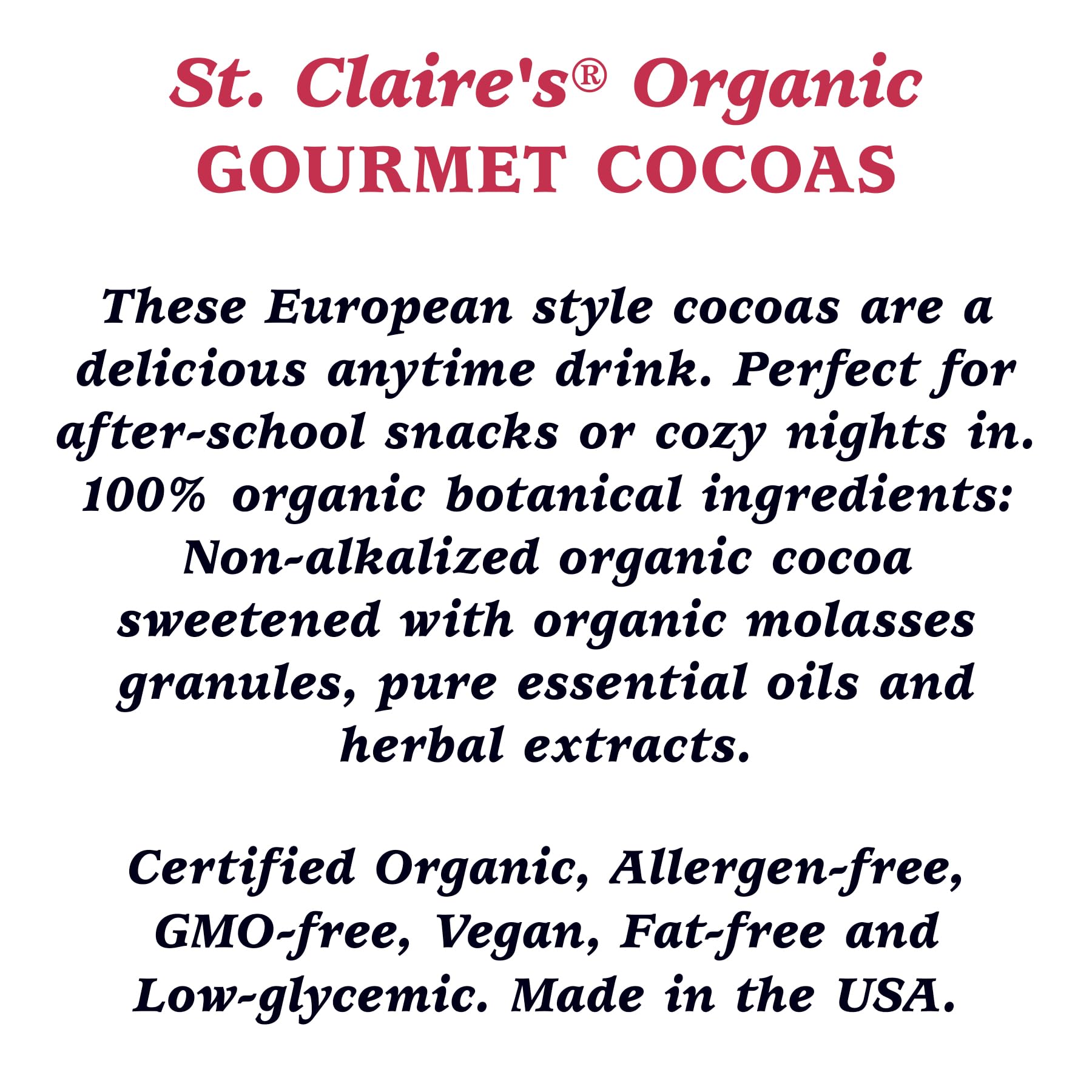Organic Gourmet Hot Cocoa Mix by St. Claire's - Traditional Flavor, 12oz Bag (20 Servings) | Allergen-Free, Vegan, Non-GMO, Gluten-Free | Made in Dedicated Allergen-Free Facility | Perfect for Cozy Winter Nights, Holiday Gifts & Vegan Treats