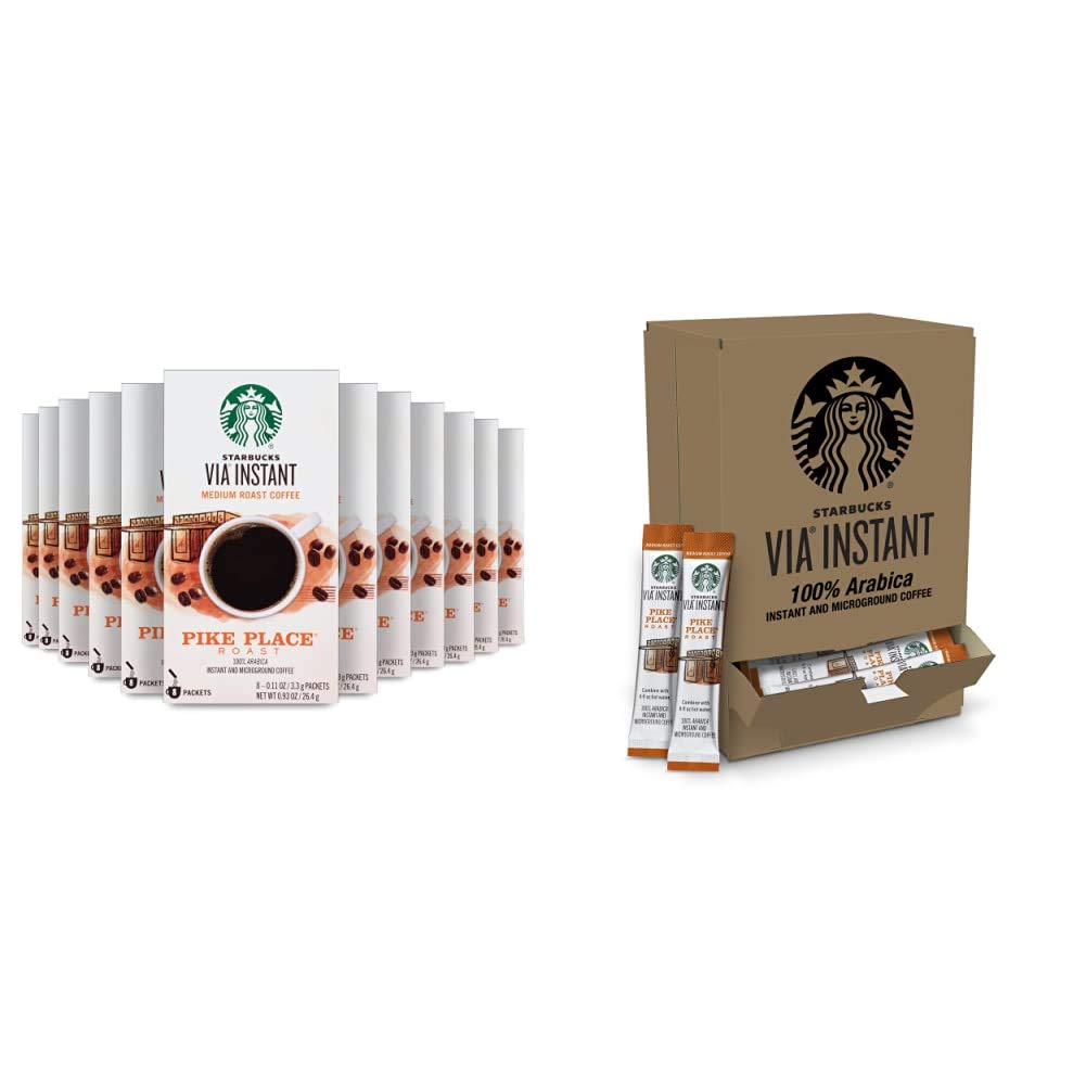 Starbucks VIA Instant Coffee Medium Roast - Pike Place Roast 100% Arabica - 8 Count (Pack of 12) & 50 Packets Bulk - Perfect for Office, Travel & Camping