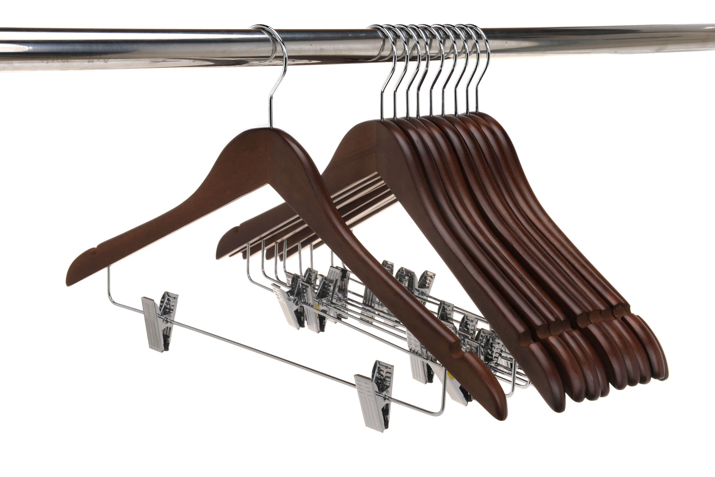 Premium 80-Pack Wooden Skirt & Pants Hangers with Adjustable Chrome Metal Clips - Swivel Hook for Coats, Jackets, Blouses & Suits (Walnut Finish) - Space-Saving Closet Organization for Home & Retail Stores