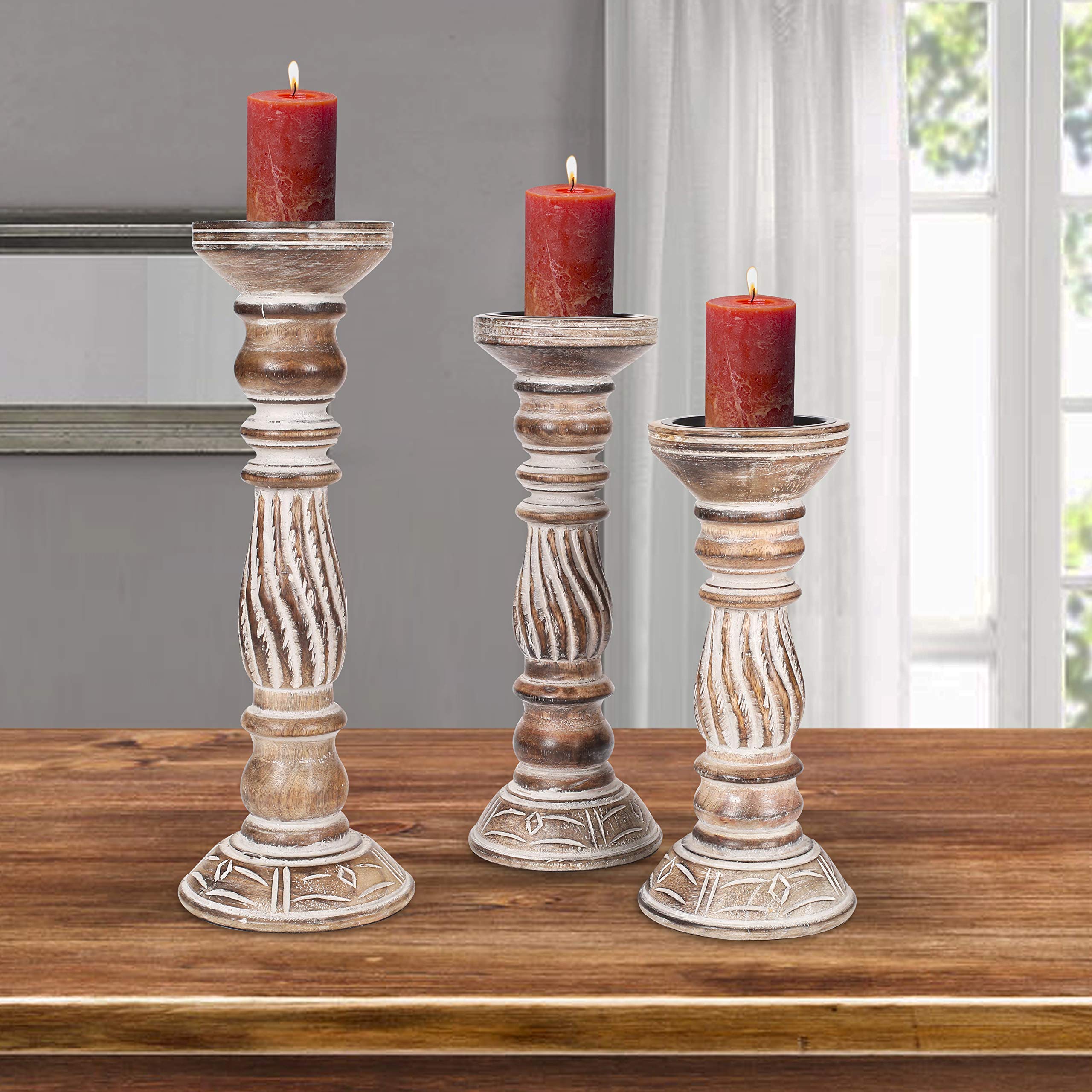 Set of 3 Wooden Candle Holders - Natural Finish (14