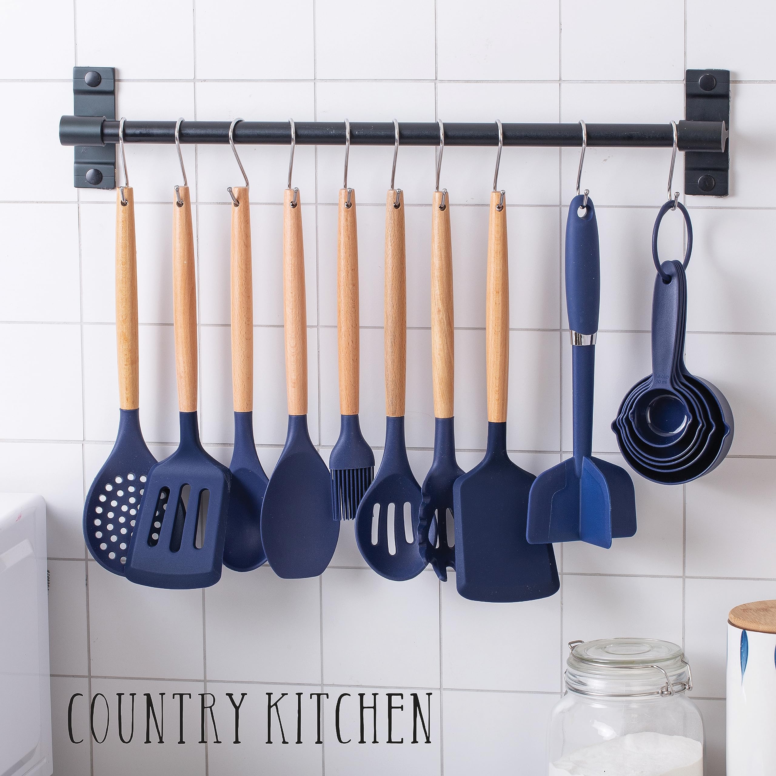 Non-Stick Silicone Cooking Utensil Set with Wooden Handles - 38-Piece Kitchen Tool Set for Baking, Frying & Stirring - Navy Blue Country Kitchen Essentials for Home Chefs & Bakers