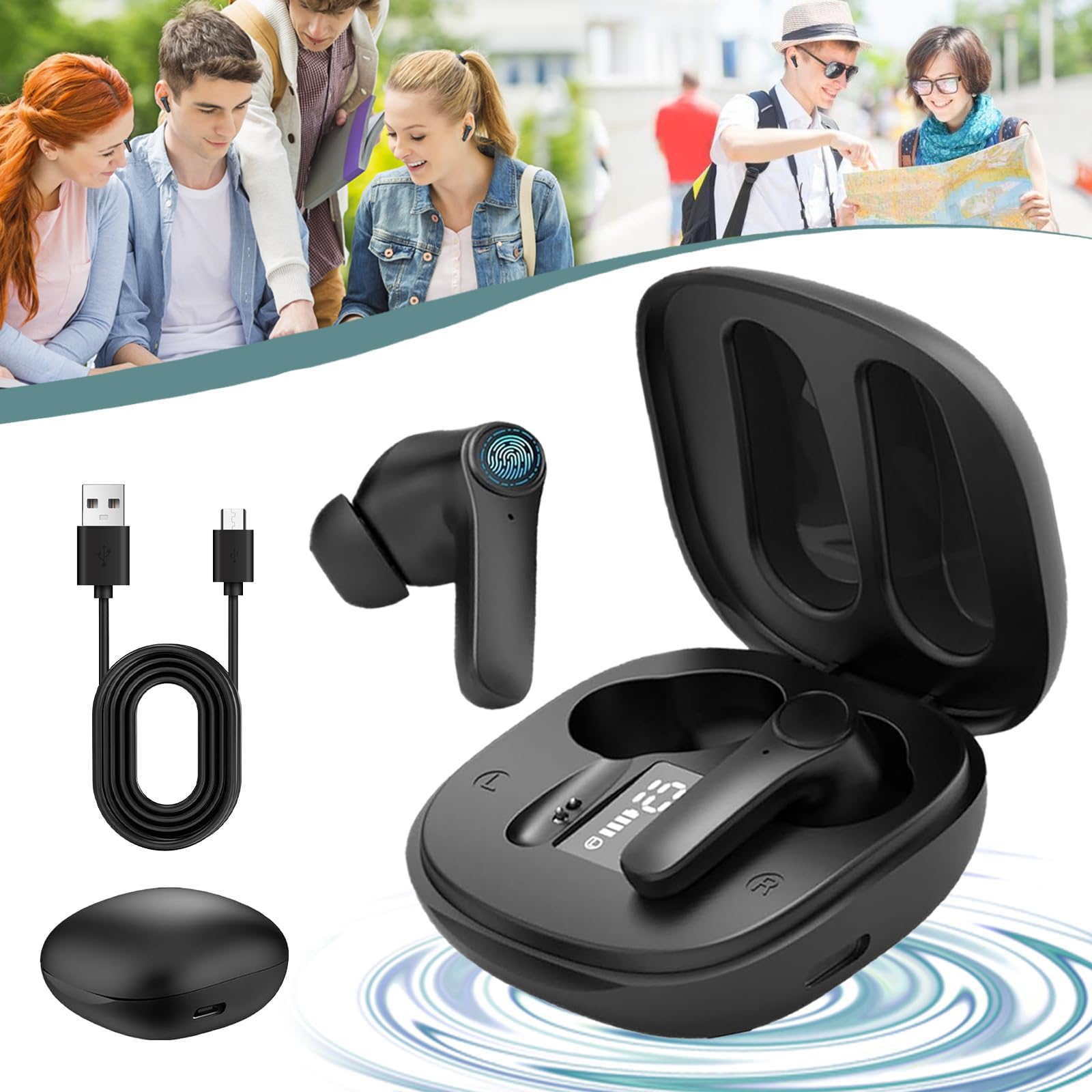 **Caorchareb Real-Time Translation Earbuds - 144 Languages & Accents Two-Way Translator, Bluetooth 5.0 Wireless Earbuds for iOS & Android (Black) - Perfect for Travel, Business Meetings & Language Learning**