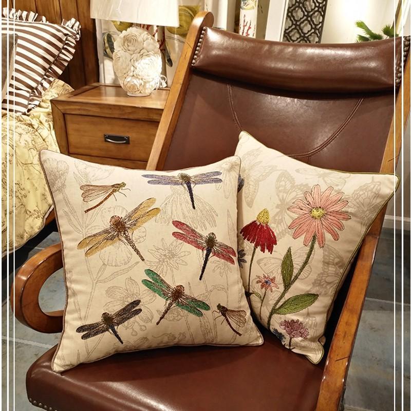 Dragonfly and Flower Cotton Linen Embroidered Decorative Pillow Cover - Bohemian Throw Pillow for Sofa, Bed, Car & Home Decor - Soft Cushion Cover for Living Room, Bedroom, Office