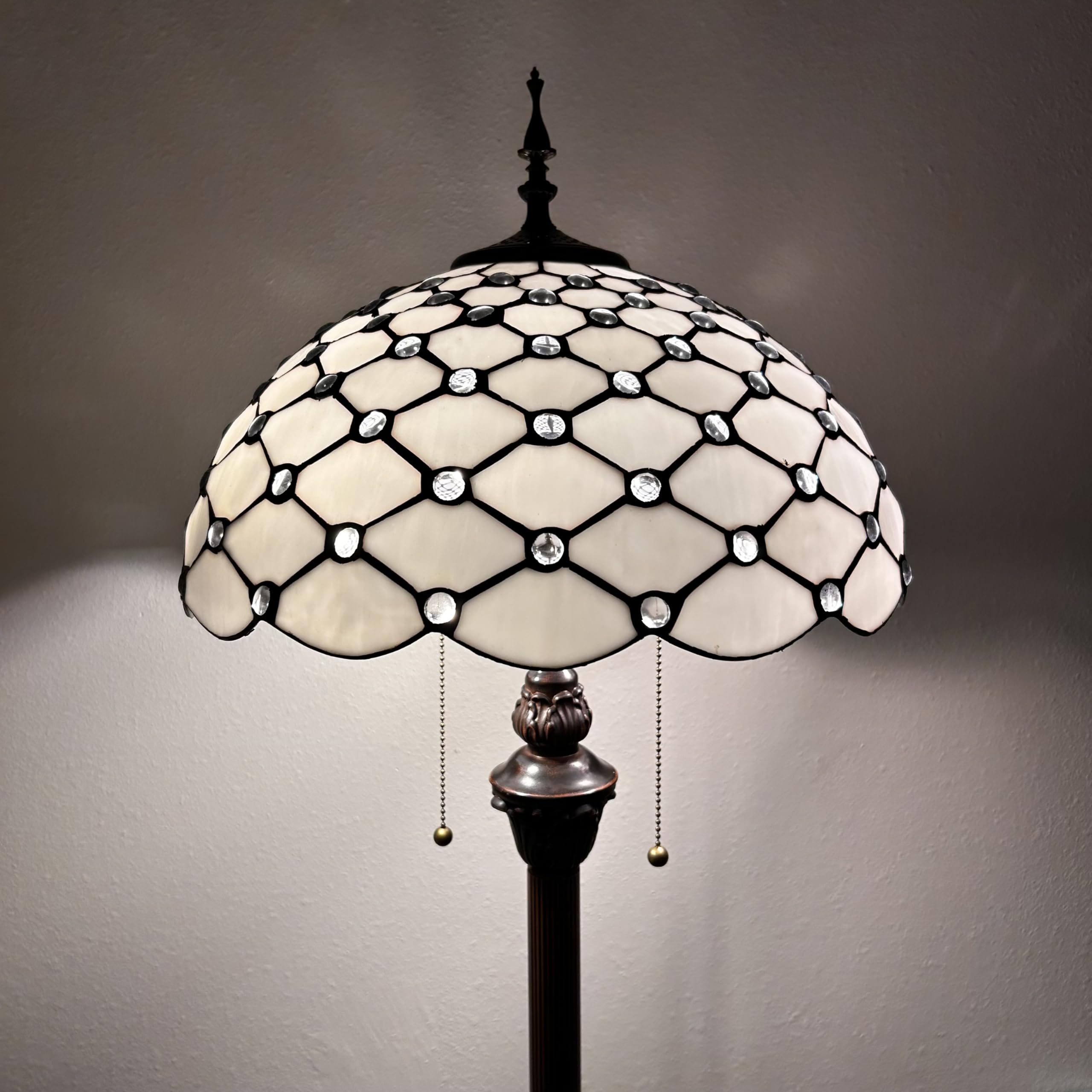 Tiffany Crystal Floor Lamp with White Stained Glass Shade and Metal Base - 16