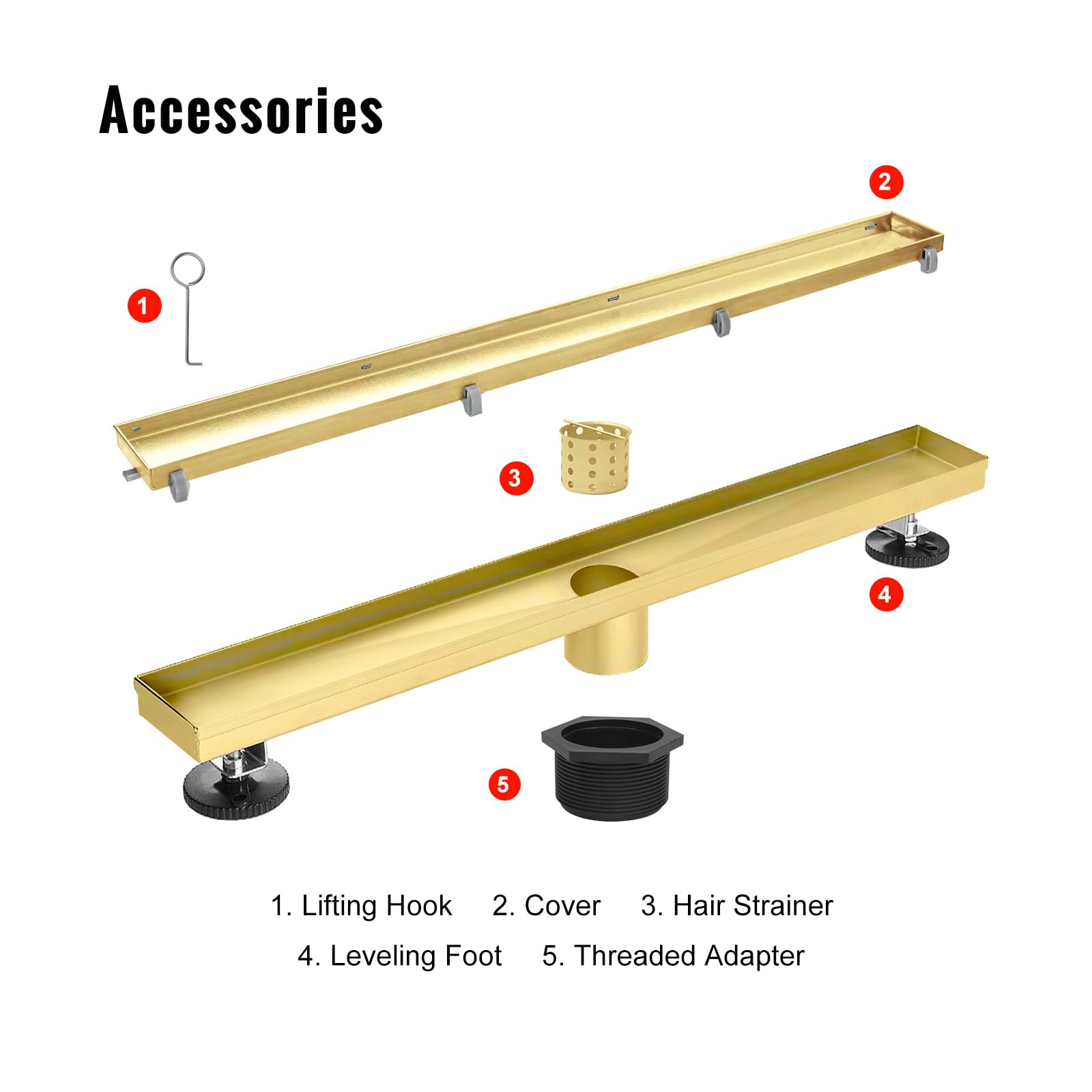SaniteModar 36-Inch Linear Shower Drain in Gold - AISI 304 Stainless Steel with 2-in-1 Flat/Tile Insert Panel, Hair Strainer & Leveling Feet - Perfect for Modern Bathroom Renovations & Luxury Shower Installations