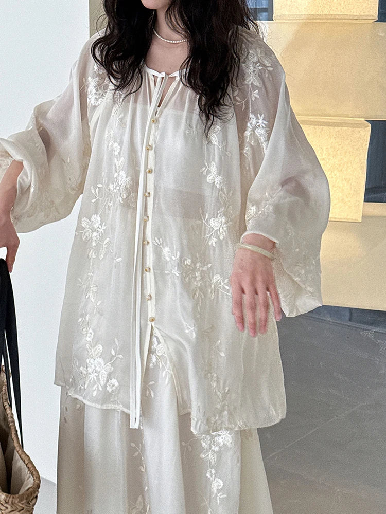 Apricot Embroidered Blouse & Thin Skirt 2-Piece Set - V-Neck Long Sleeve Women's Fashion Outfit for Spring Summer 2025 | Trendy Office Wear & Casual Date Night Outfits