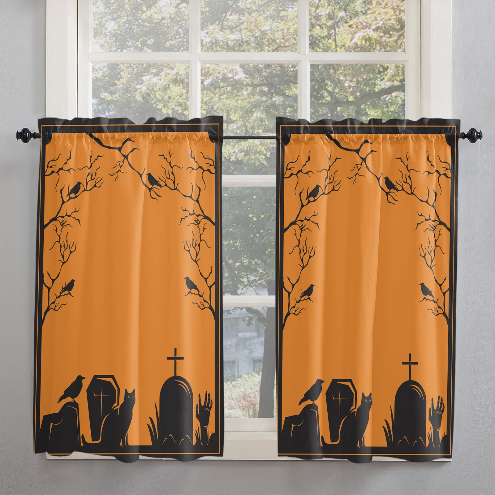 Black Halloween Tier Curtains for Kitchen, Bathroom, Living Room & Bedroom - 42x45 Inch Rod Pocket Privacy Drapes with Spooky Crow, Cat & Grave Design - Perfect for Window Treatment, Home Decor & Seasonal Party Decoration (Set of 2 Panels)