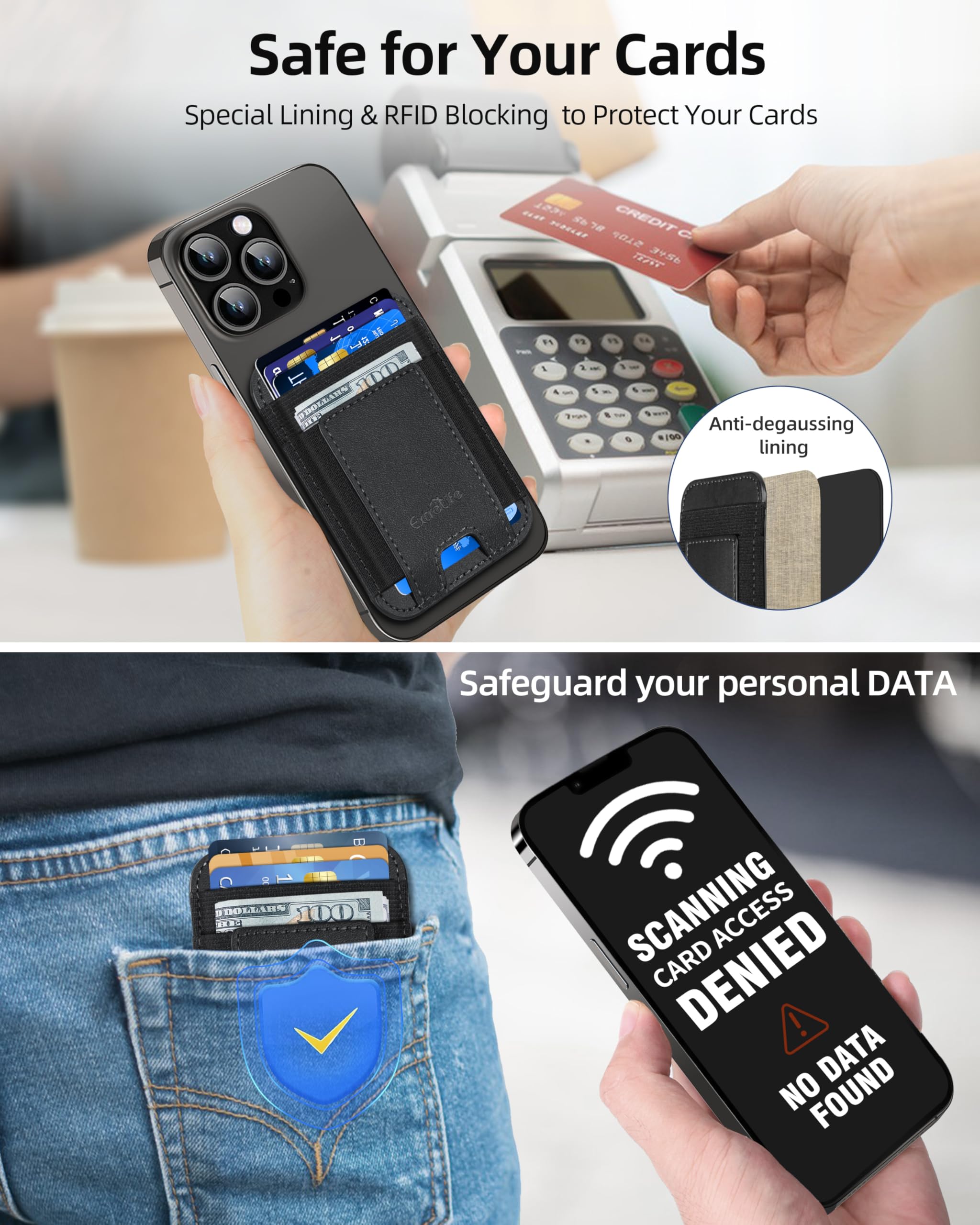 Premium Leather Phone Card Holder with Strong Adhesive - RFID Blocking Wallet Sticker for iPhone, Samsung & Android - Holds 7 Credit Cards (Black) - Perfect for Travel, Shopping & Everyday Convenience