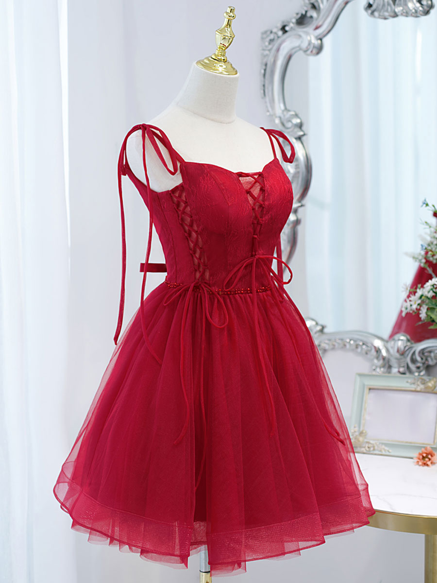Elegant Red Tulle Lace Short Prom Dress - Flared Homecoming Dress for Teens | Perfect for Prom Night, Homecoming Dance & Special Occasions
