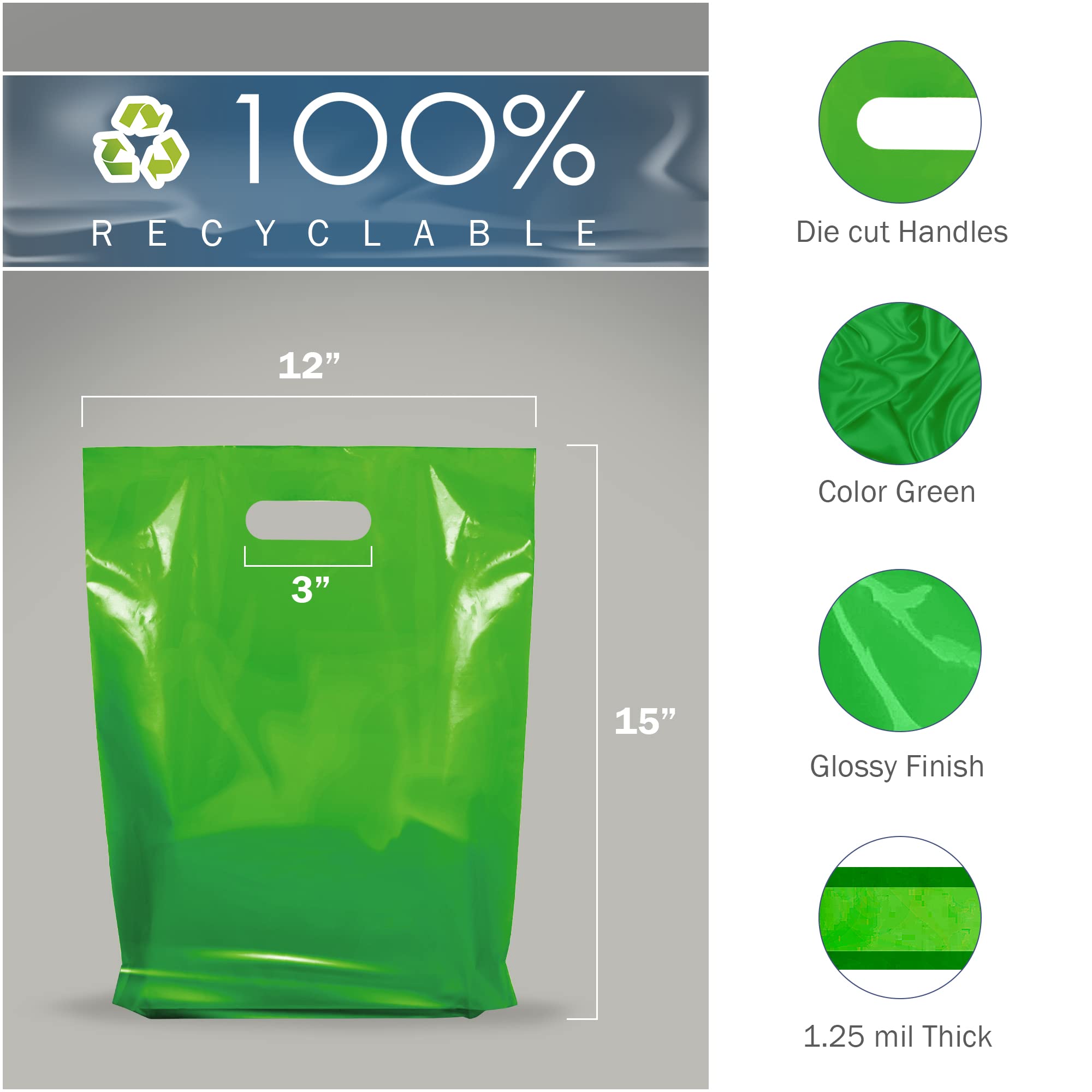 Eco-Friendly Green Plastic Shopping Bags Bulk 100-Pack - 12x15x1.25 Inch Glossy Die-Cut Handle Bags for Retail Stores & Small Businesses - Perfect for Grocery, Boutique & Gift Packaging