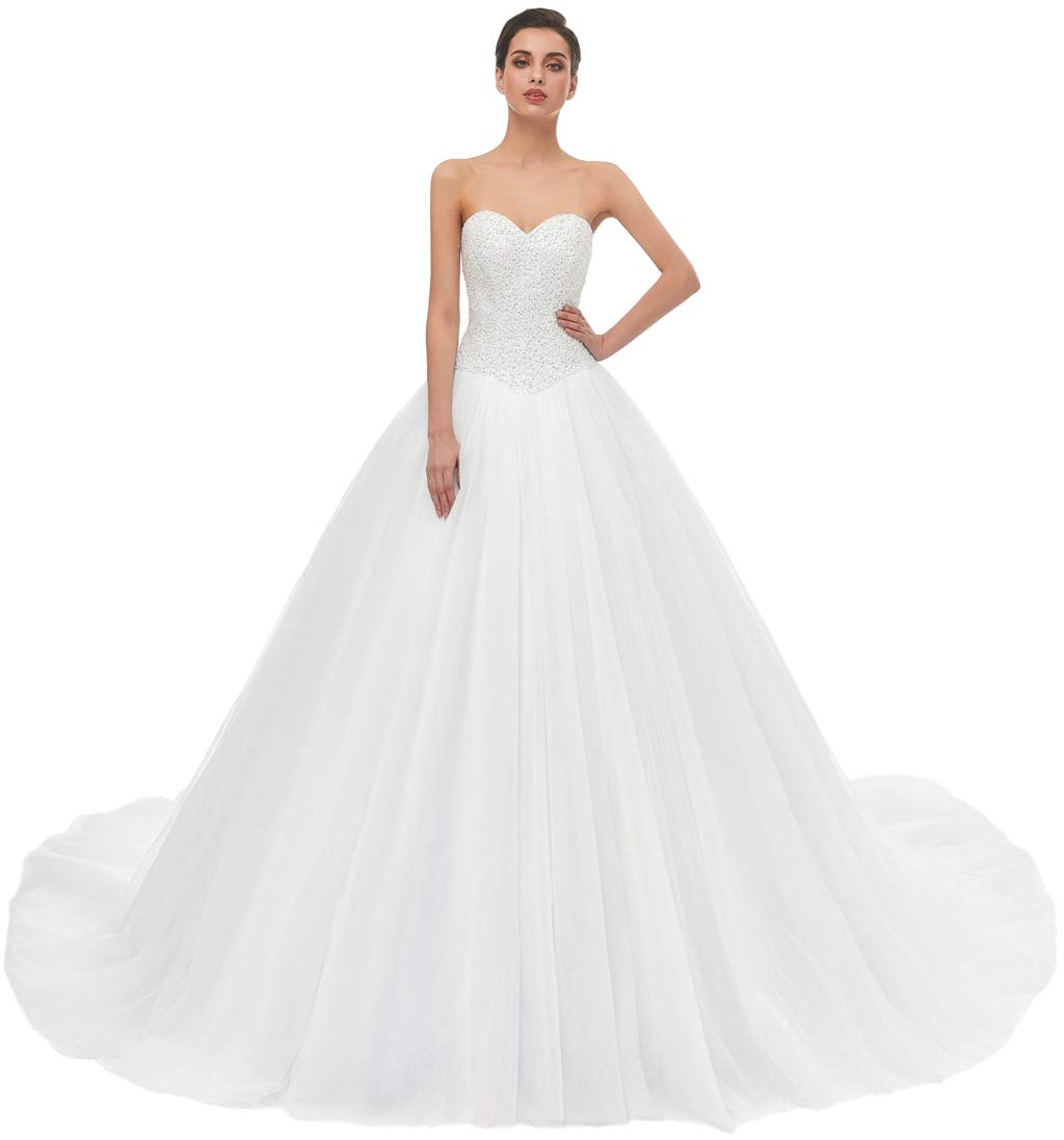 Elegant Sweetheart Neckline Tulle A-Line Wedding Dress with Train for Brides - Perfect for Church Ceremonies, Beach Weddings & Formal Receptions